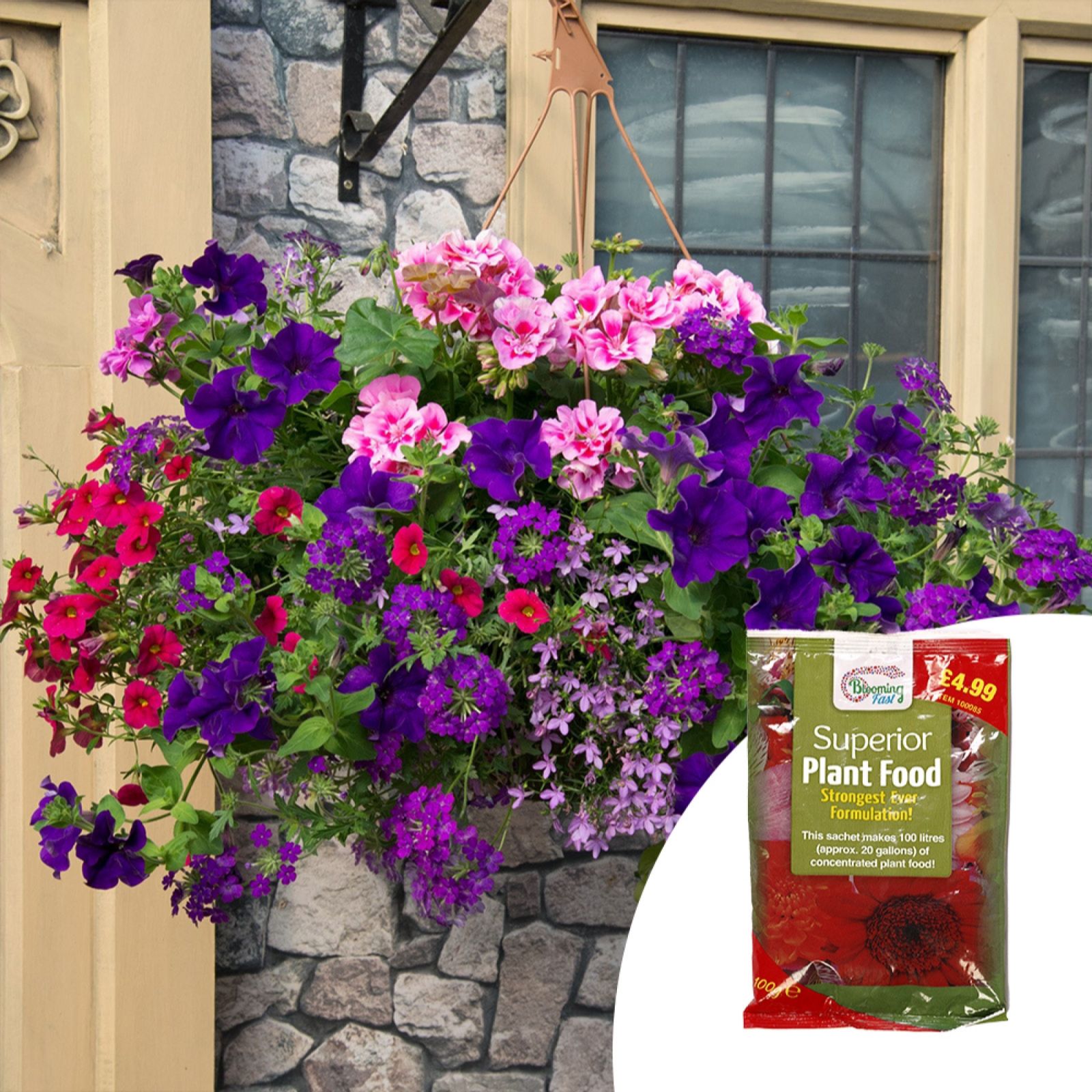 YouGarden Pair of Pre-Planted Hanging Baskets & Fertiliser