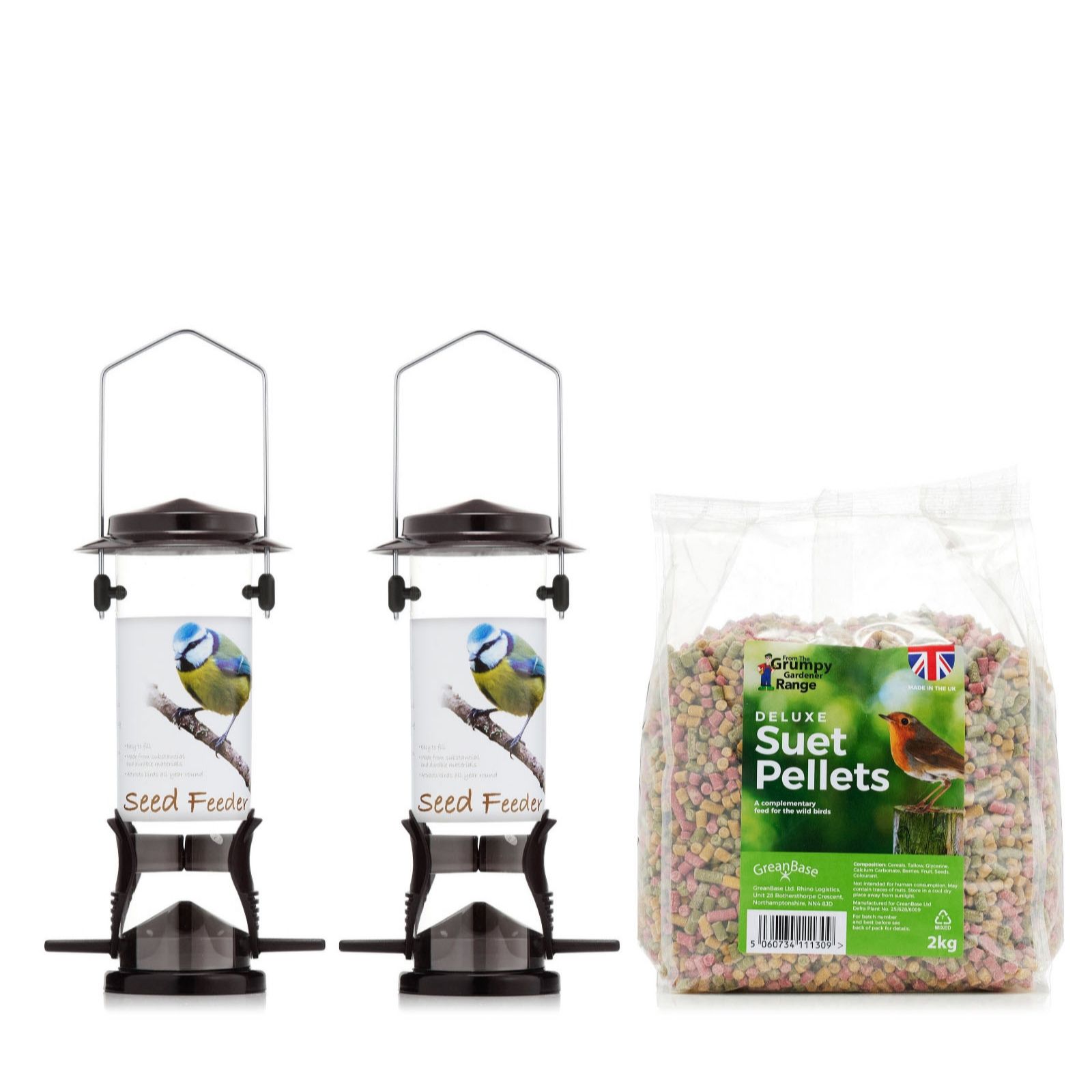 Grumpy Gardener 2kg Deluxe Suet Pellets with 2x Suet Feeders