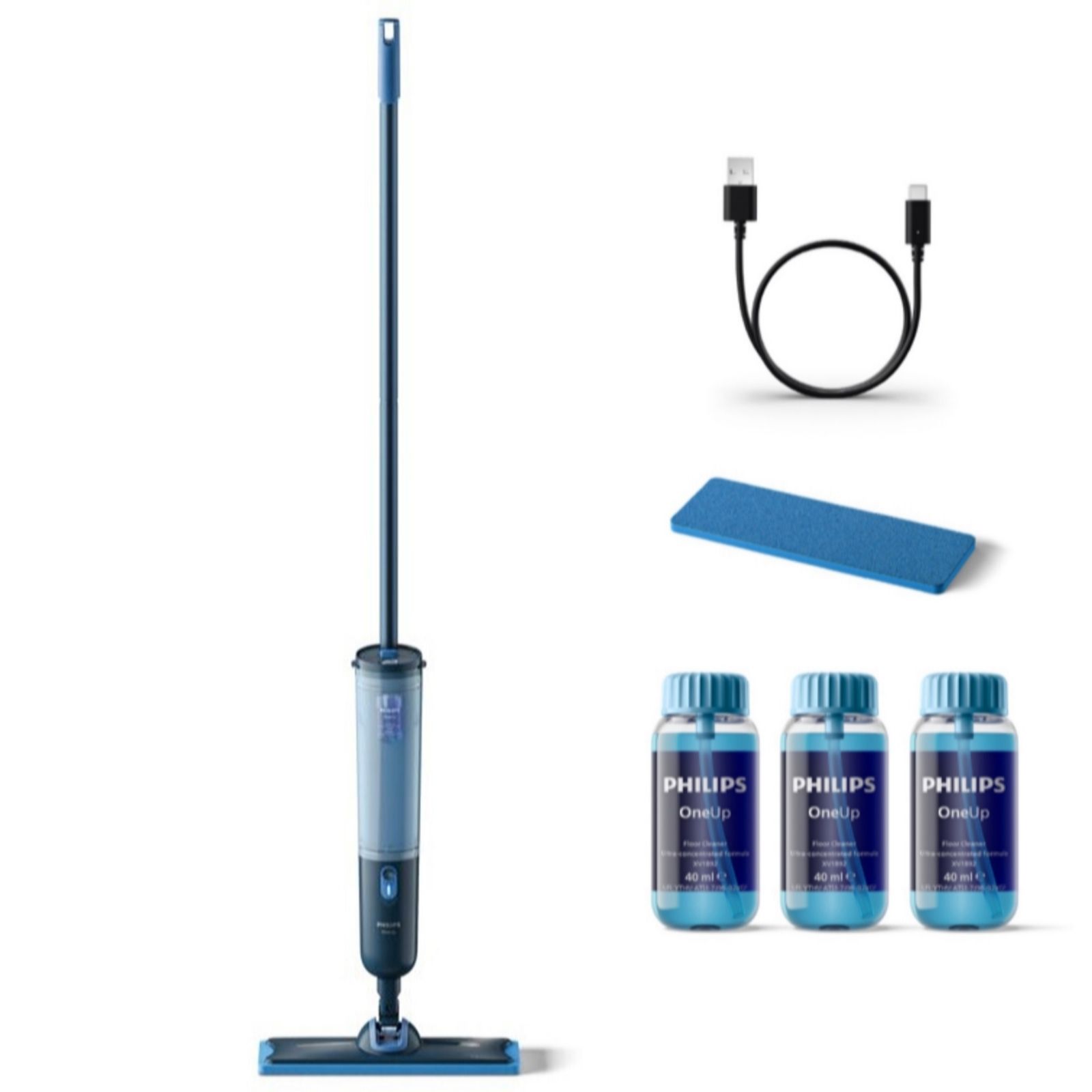 Philips OneUp 3000 Series Electric Mop with 2 Pads and Floor Cleaner 40ml Trio