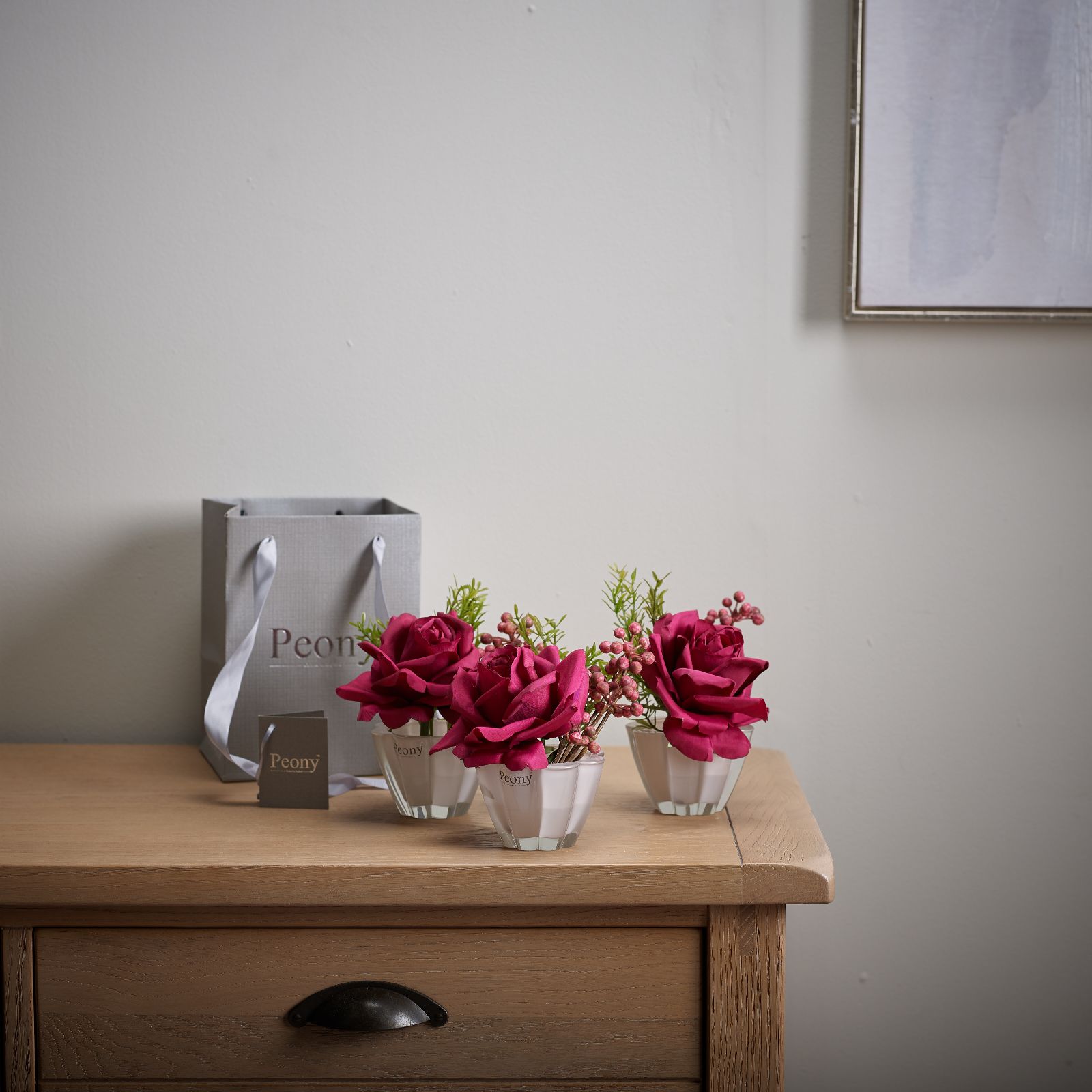 Peony Set of 3 Rose & Berries in a White Flower Vase with Gift Bag QVC UK