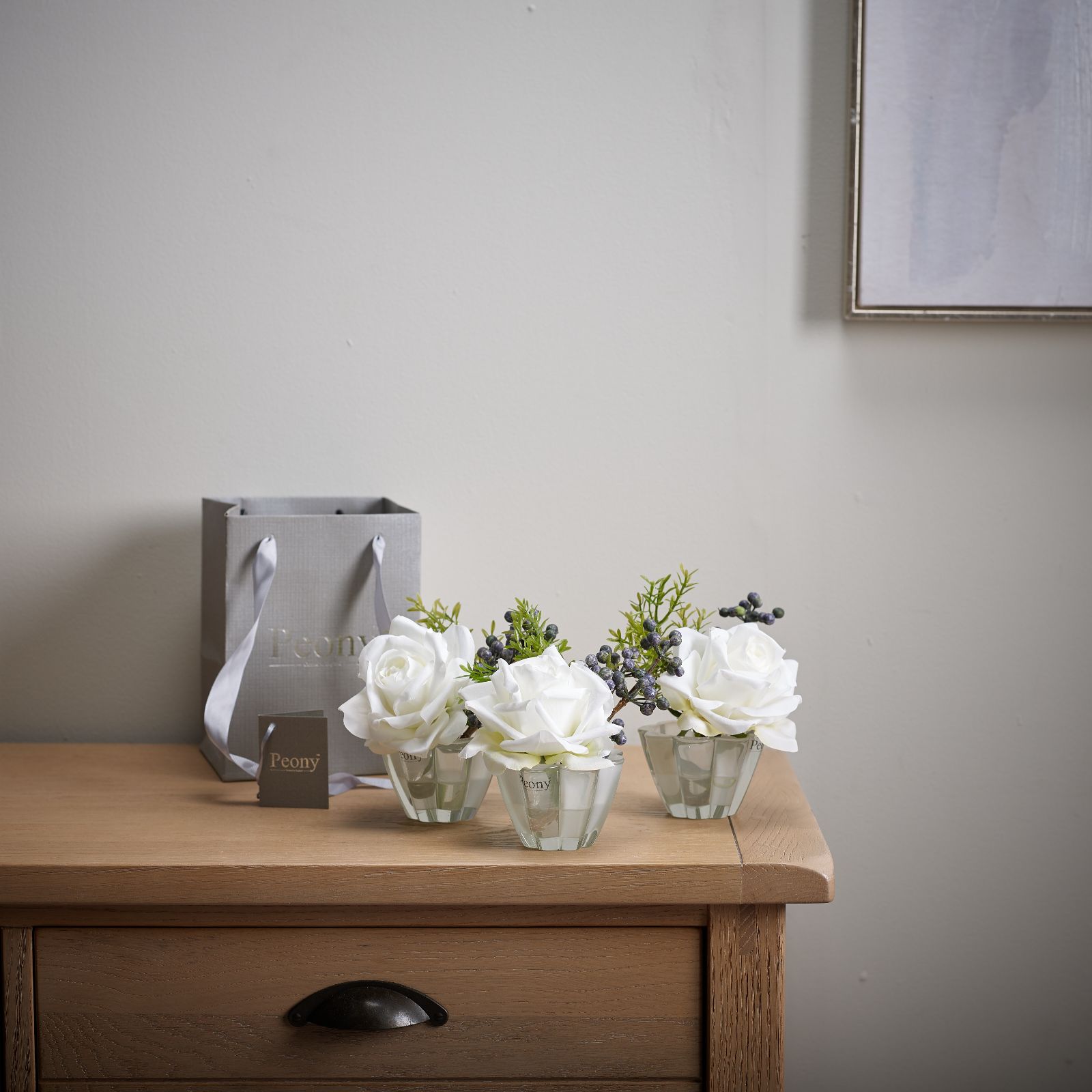 Peony Set of 3 Rose & Berries in a White Flower Vase with Gift Bag QVC UK