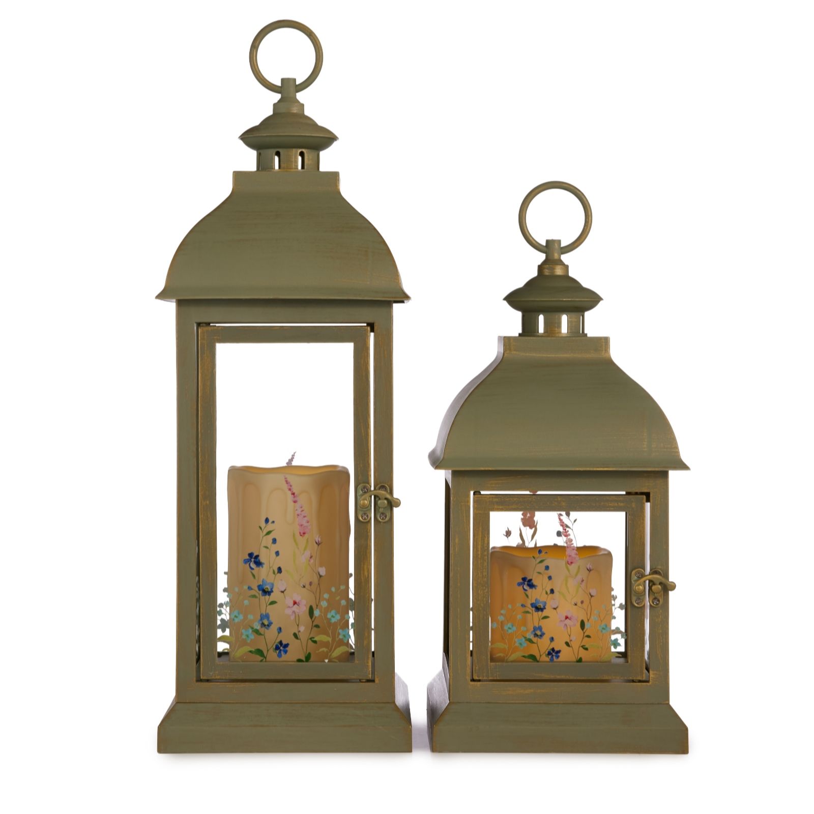 Garden Stories Set of 2 Floral Painted Lanterns with LED Candle