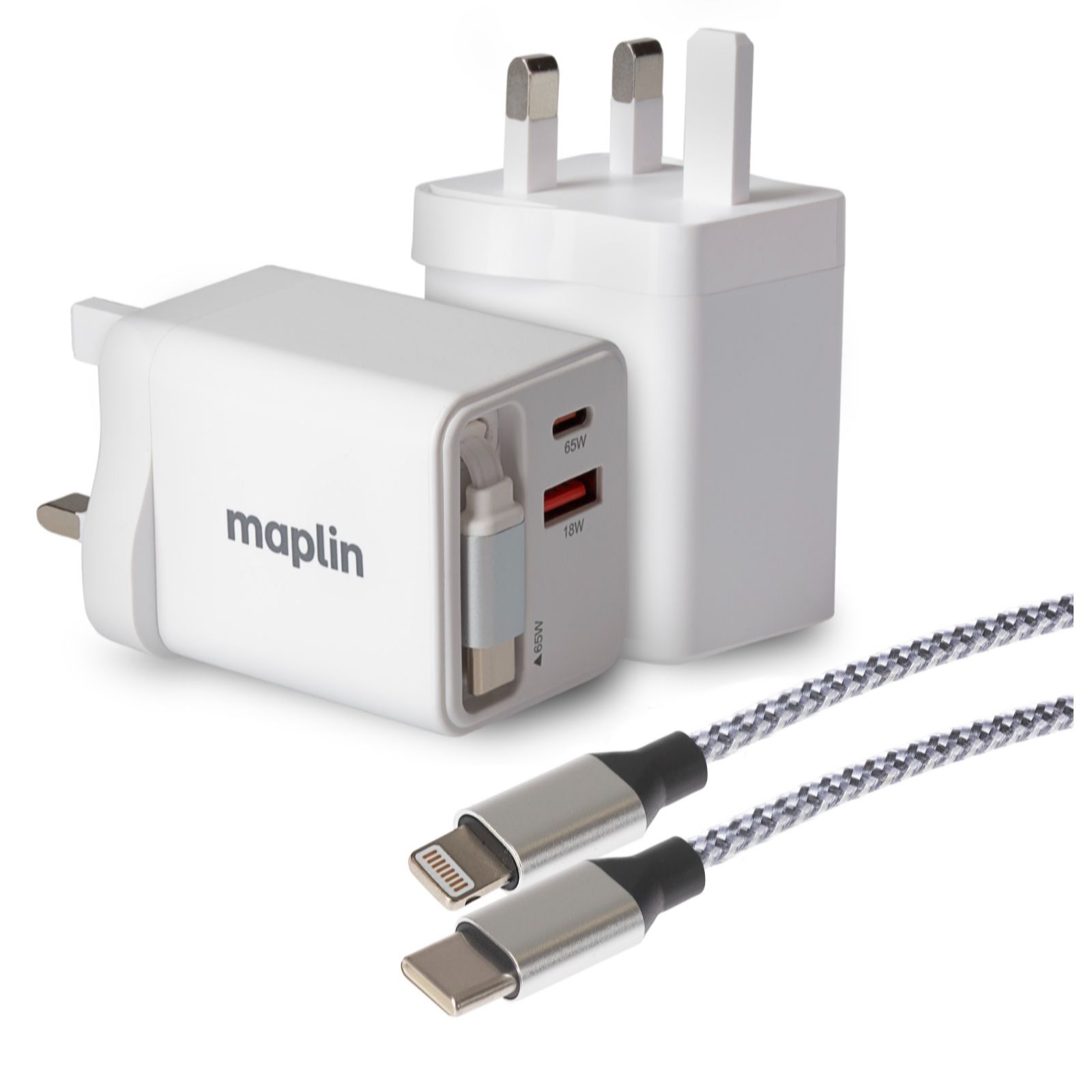 Maplin USB Wall Charger with Retractable USB-C & Lightning Cable