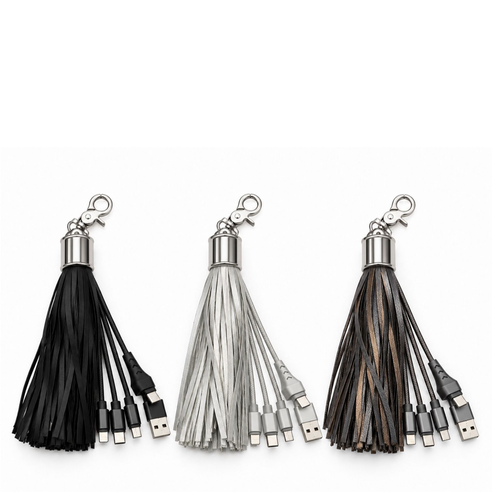 Groovz Universal 3  in 1 Charging Tassel Clip with USB-C Lightning & MicroUSB