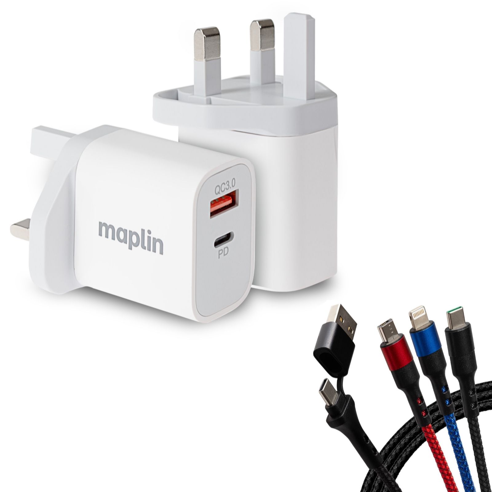 Maplin 2 Port USB Wall Charger w/3-in-1 Multi Charging Cable