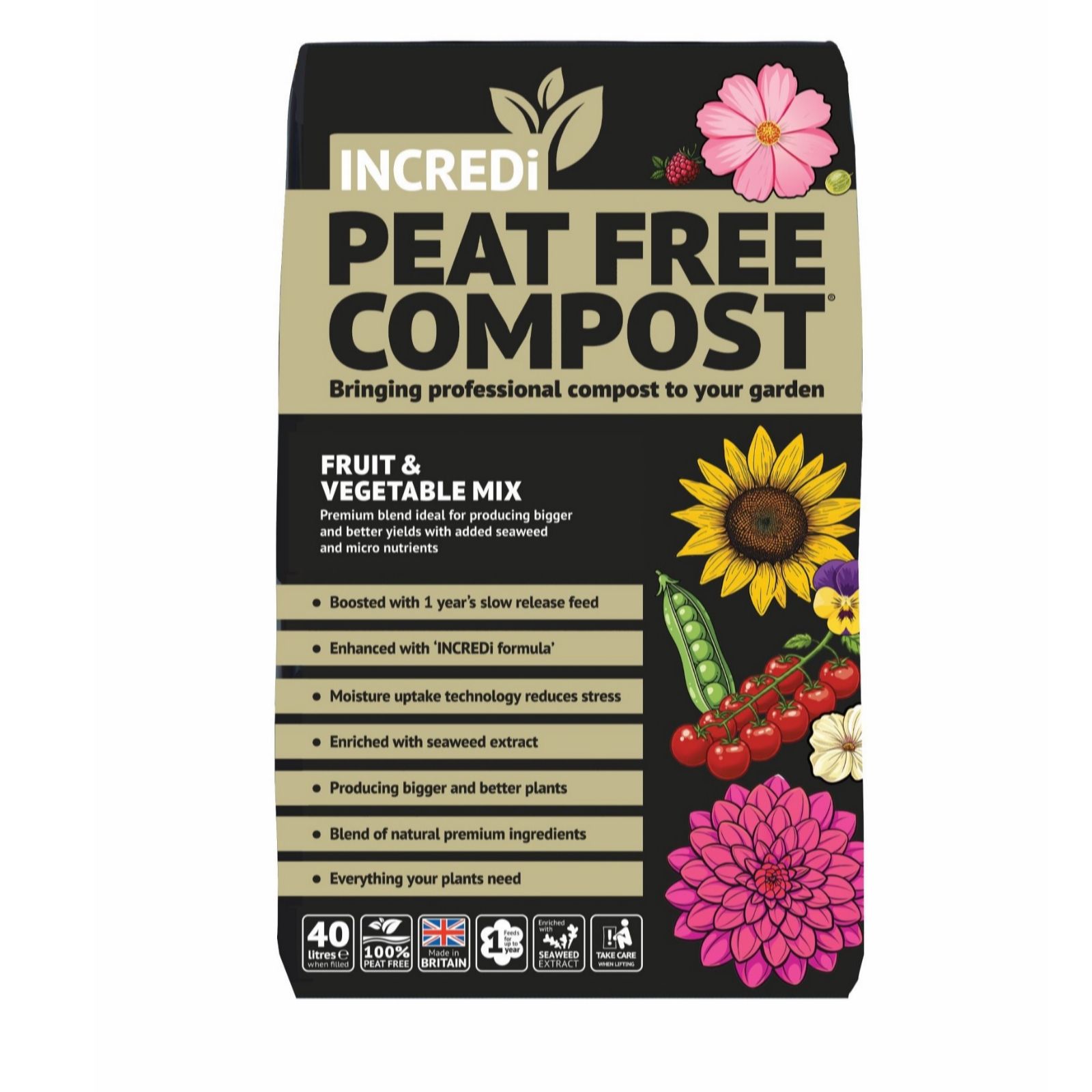 IncrediPeatFree Premium Fruit + Vegetable Compost 40Lx1 plus 120g Incredibloom