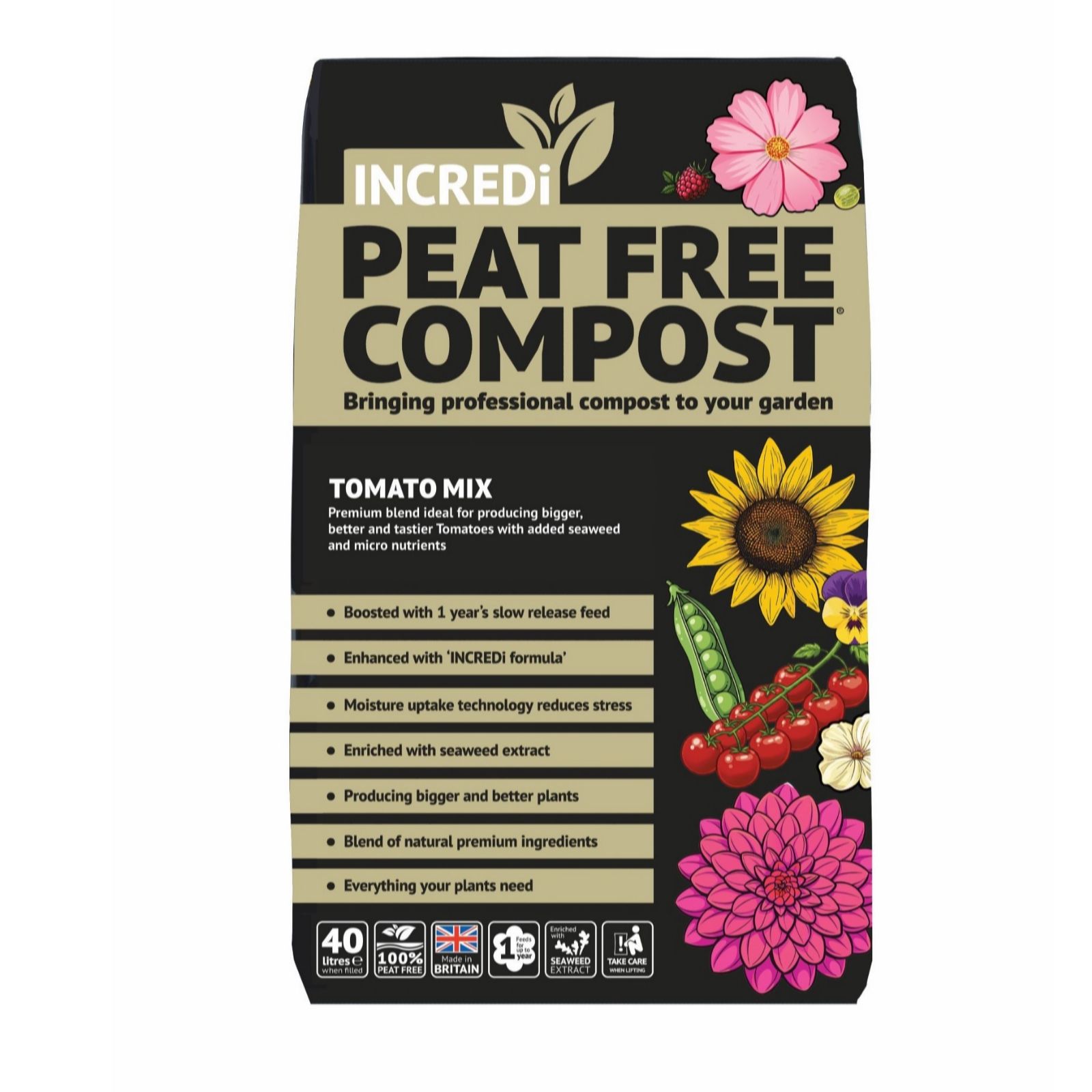 IncrediPeatFree Premium Tomato Compost 40Lx1 plus 120g Incredibloom