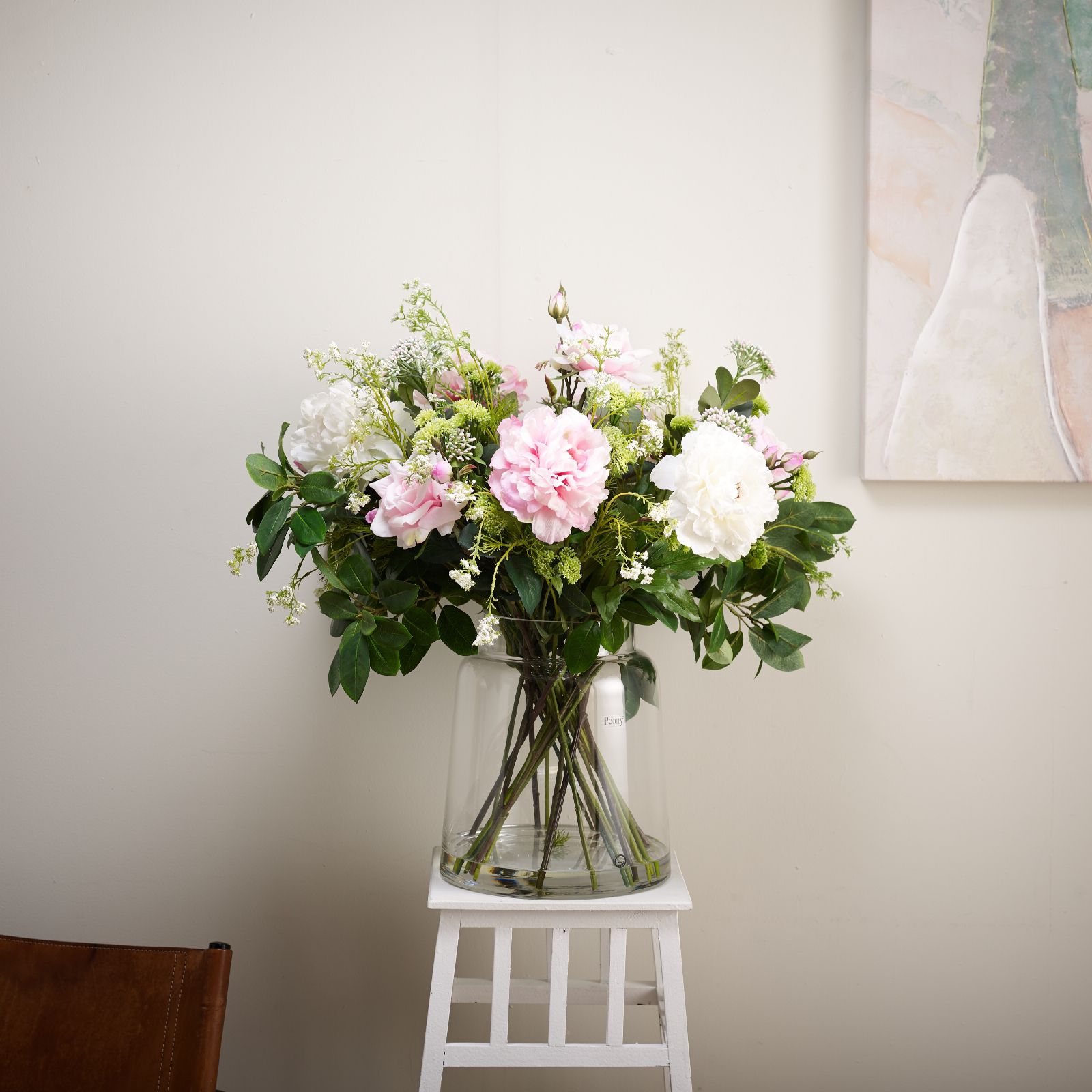 Peony Real Touch Peonies & Roses with Foliage in a Chimney Vase - QVC UK