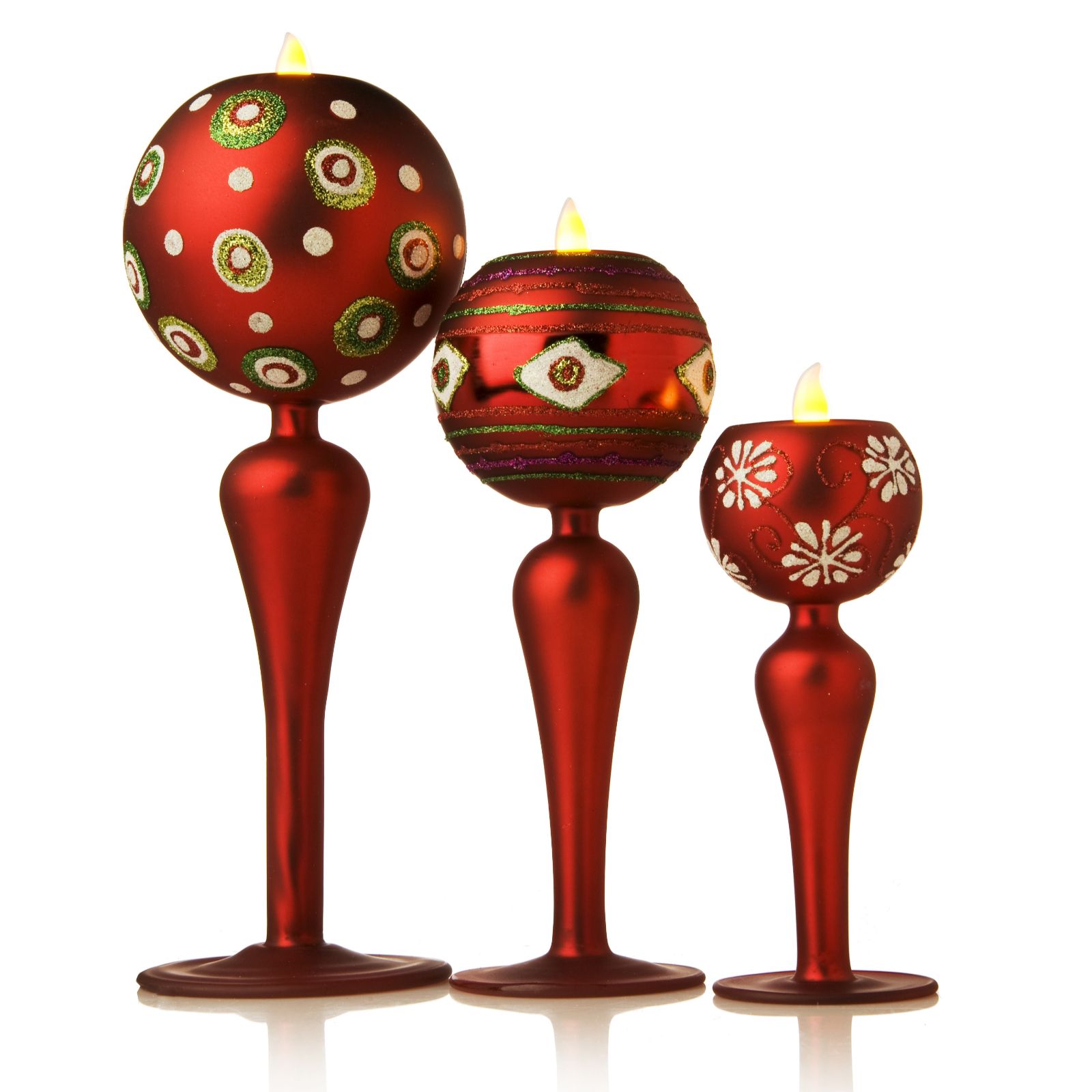 Set of 3 Red Patterned Christmas T Light Holders with LED Cand QVC UK