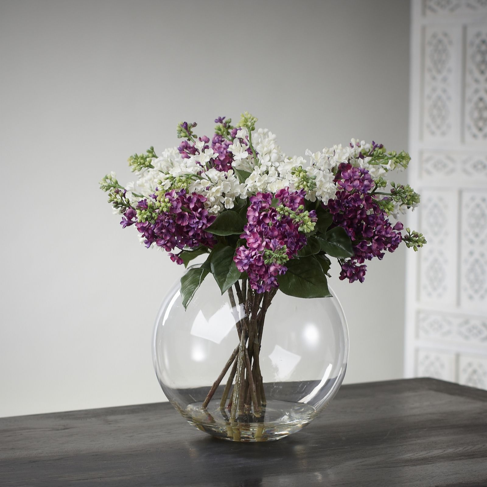 Peony Lilac with Foilage Faux Flower in Glass Bowl QVC UK