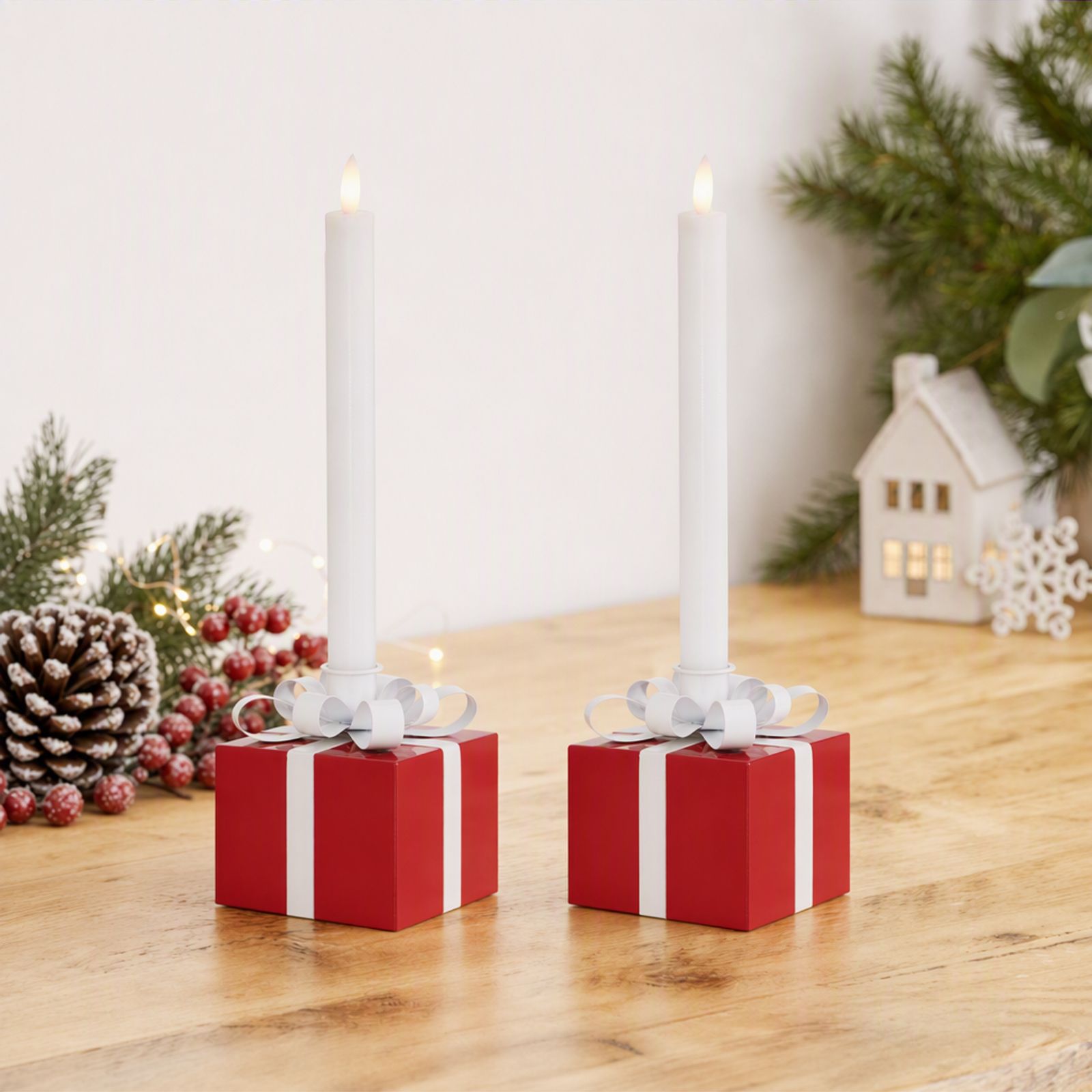 Home Stories Set Of 2 Bow Present Candle Holder With LED Candles
