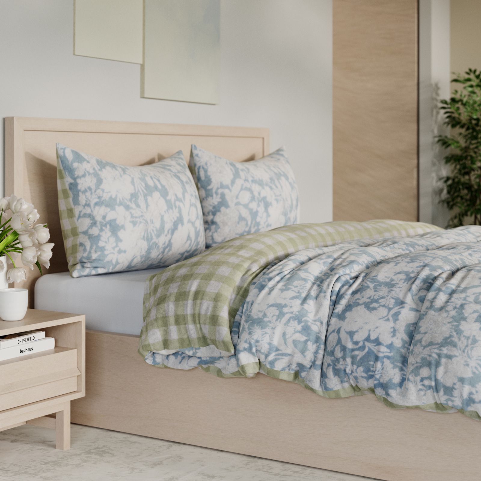 Cozee Home Reversible Floral and Gingham Velvetsoft 3 Piece Duvet Set