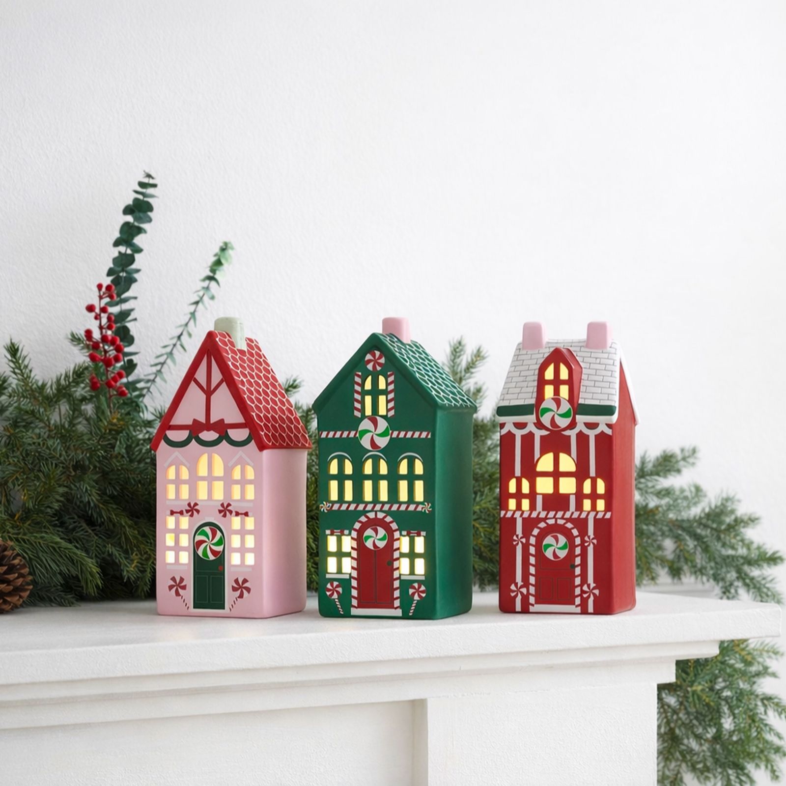 Mr Christmas Set of 3 23cm Pre Lit Ceramic Houses
