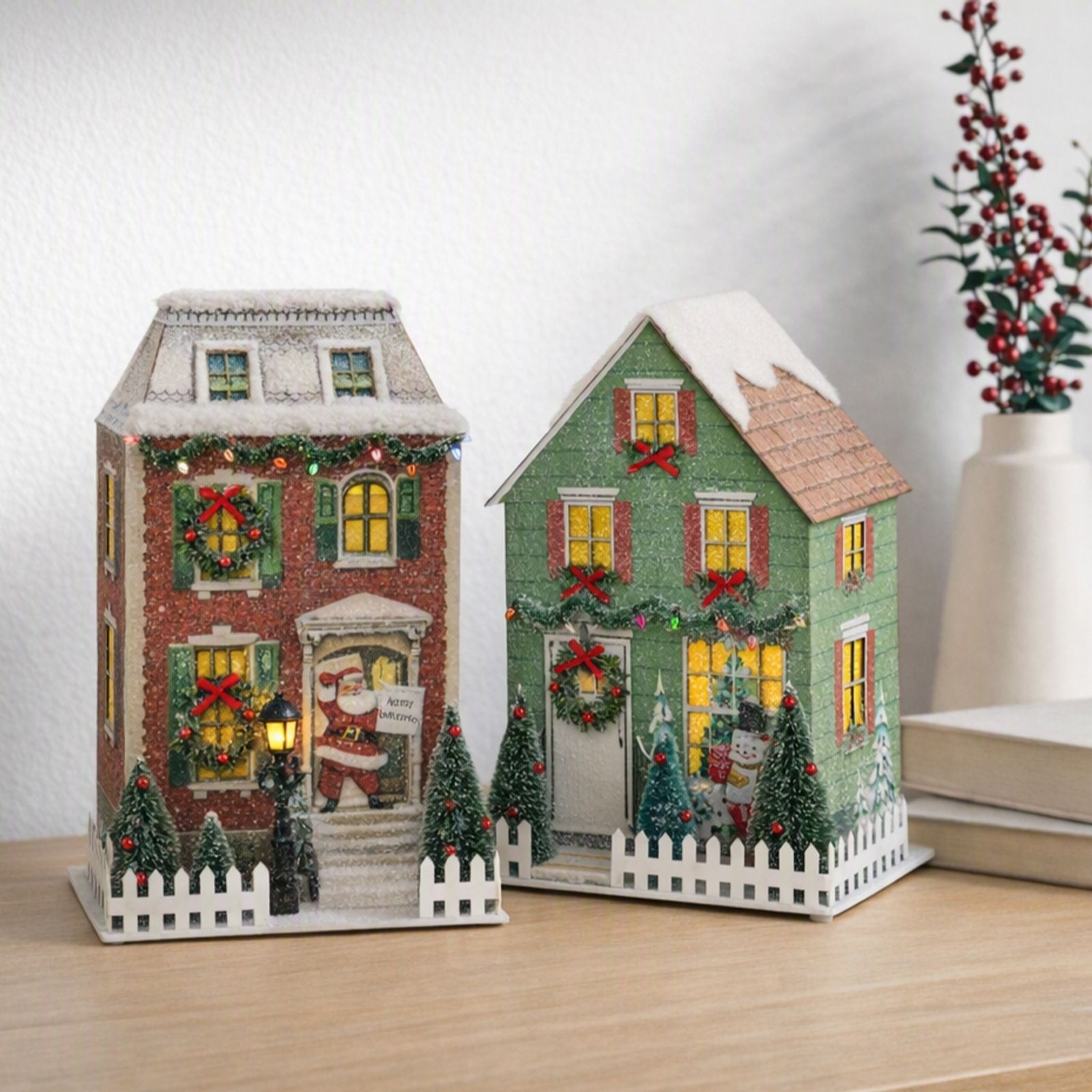 Mr Christmas Set of 2 Pre Lit Vintage Mantel Houses