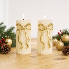 Home Stories Set of 2 x 15cm LED Flameless Pillar Candles with Bow Design