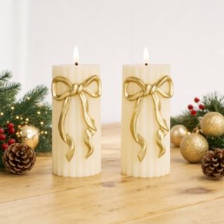 Home Stories Set of 2 x 15cm LED Flameless Pillar Candles with Bow Design