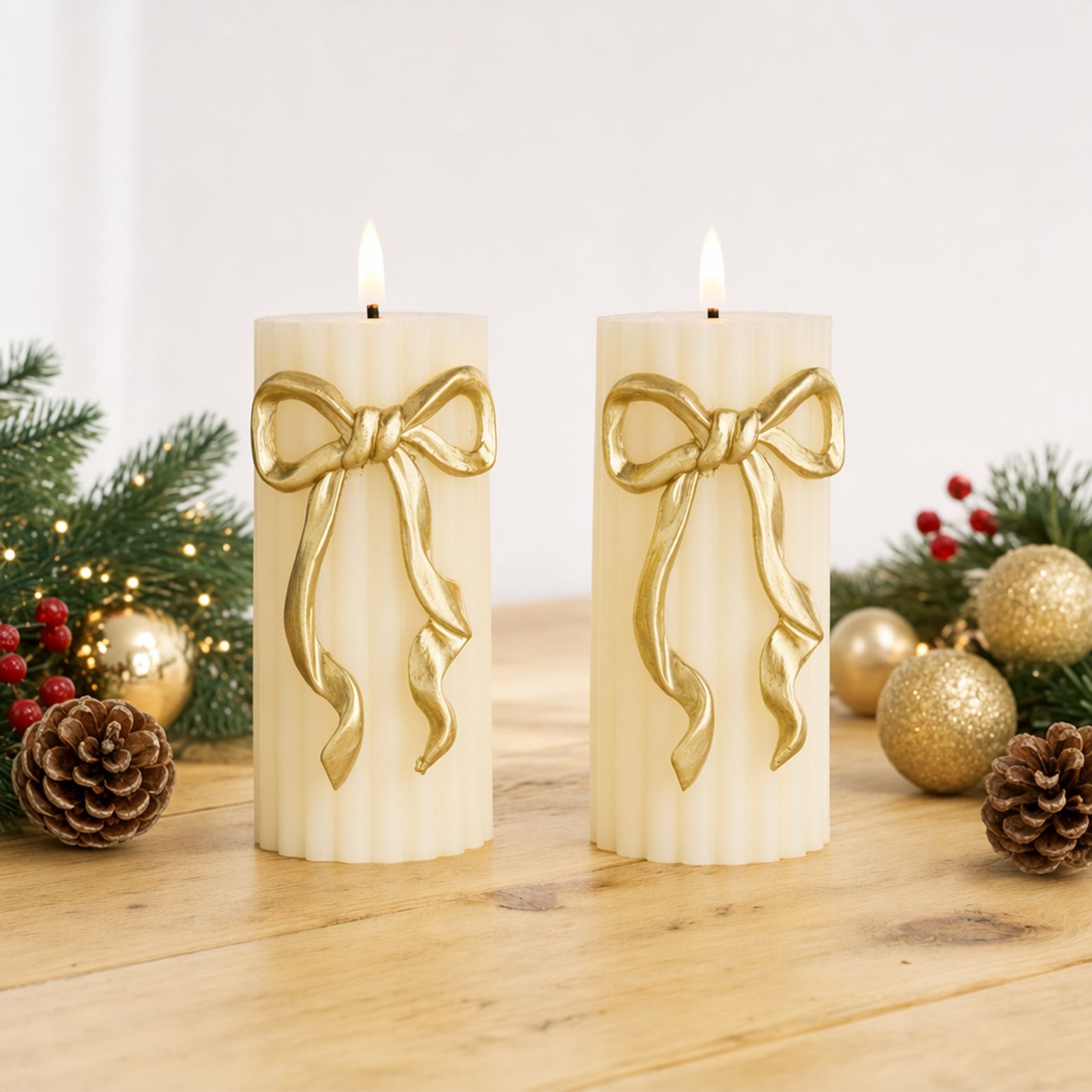 Home Stories Set Of 2 Bow LED Flameless Pillar Candles