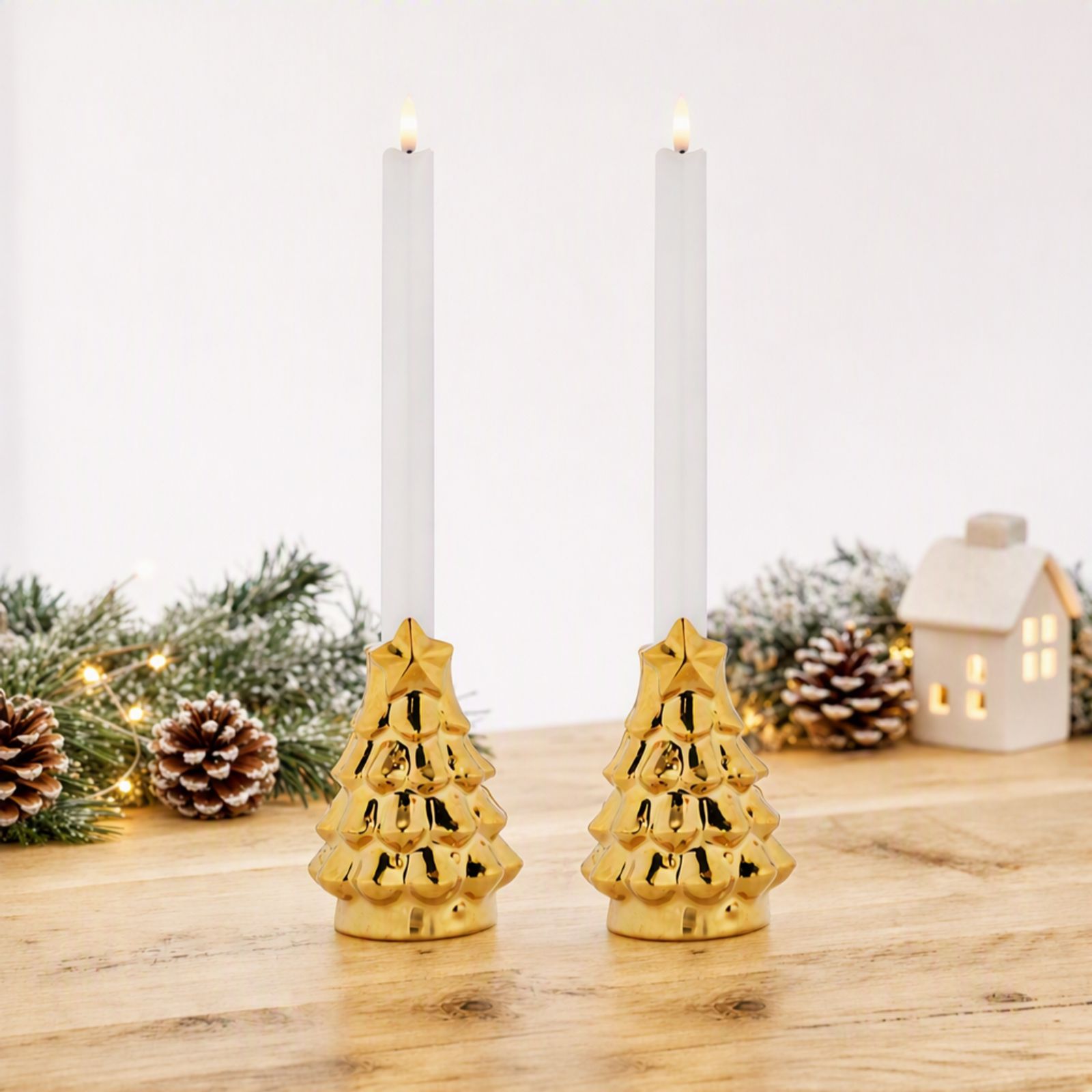 Home Stories Set Of 2 Gold Christmas Candle Holders w/LED Candles