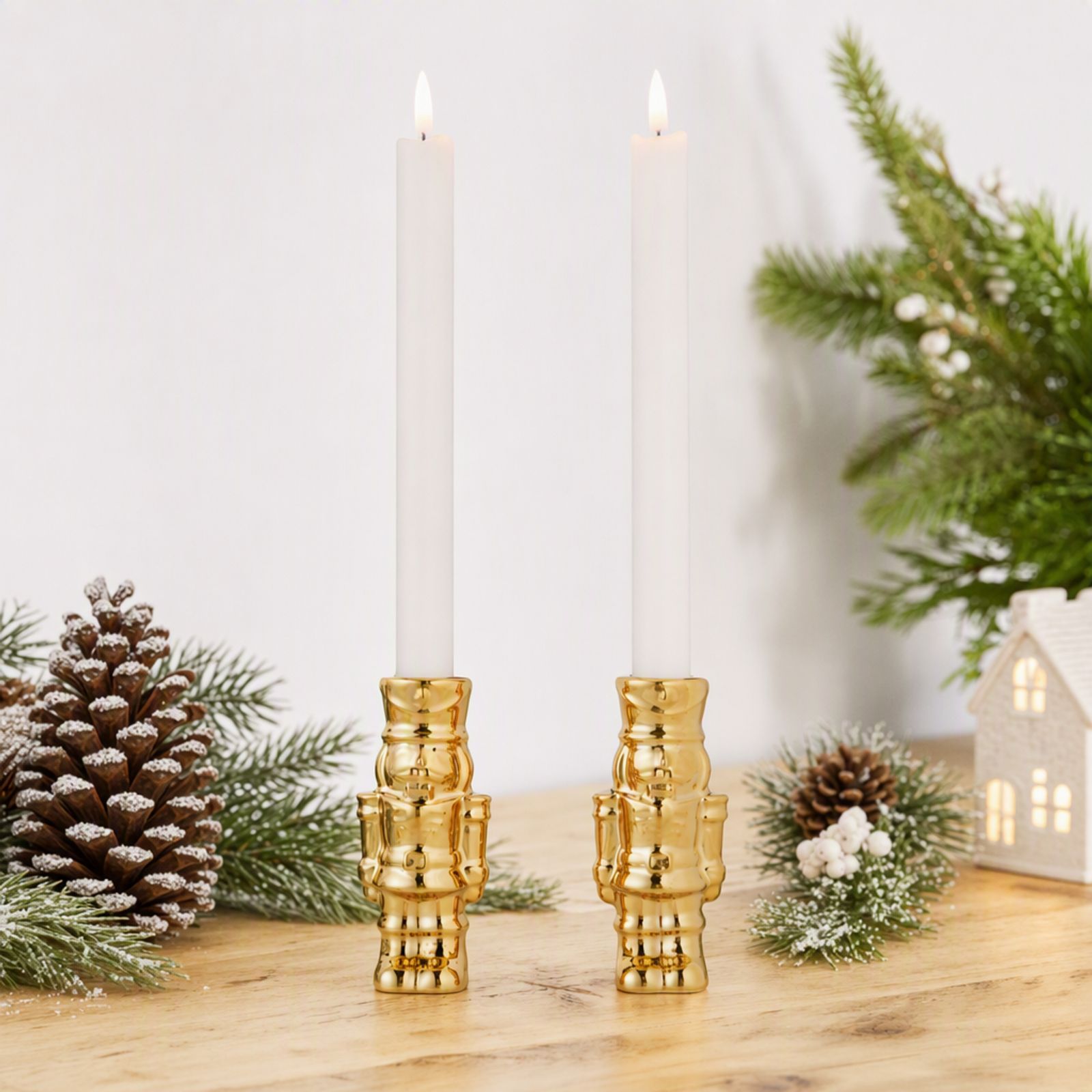 Home Stories Set Of 2 Gold Christmas Candle Holders w/LED Candles