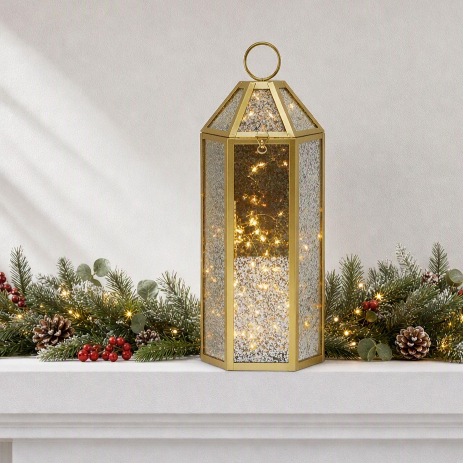 Home Stories Pre Lit Mercury Glass Lantern With String Lights