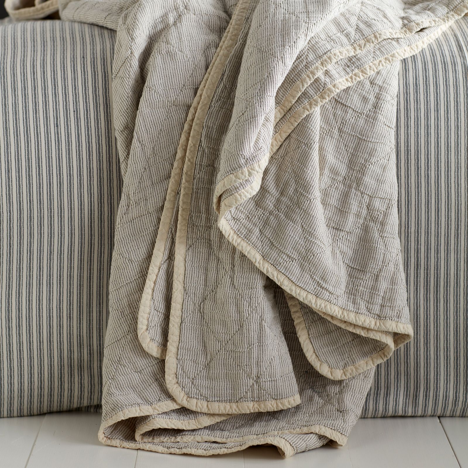 Secret Linen Store Black and Natural Stripe Quilted 100% Cotton Throw