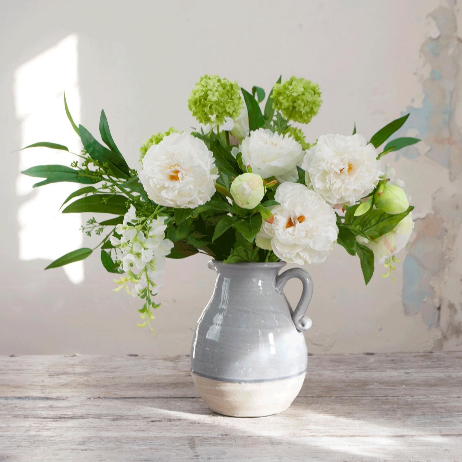 Outlet Peony Peonies & Foliage in a Rustic Ceramic Jug QVC UK
