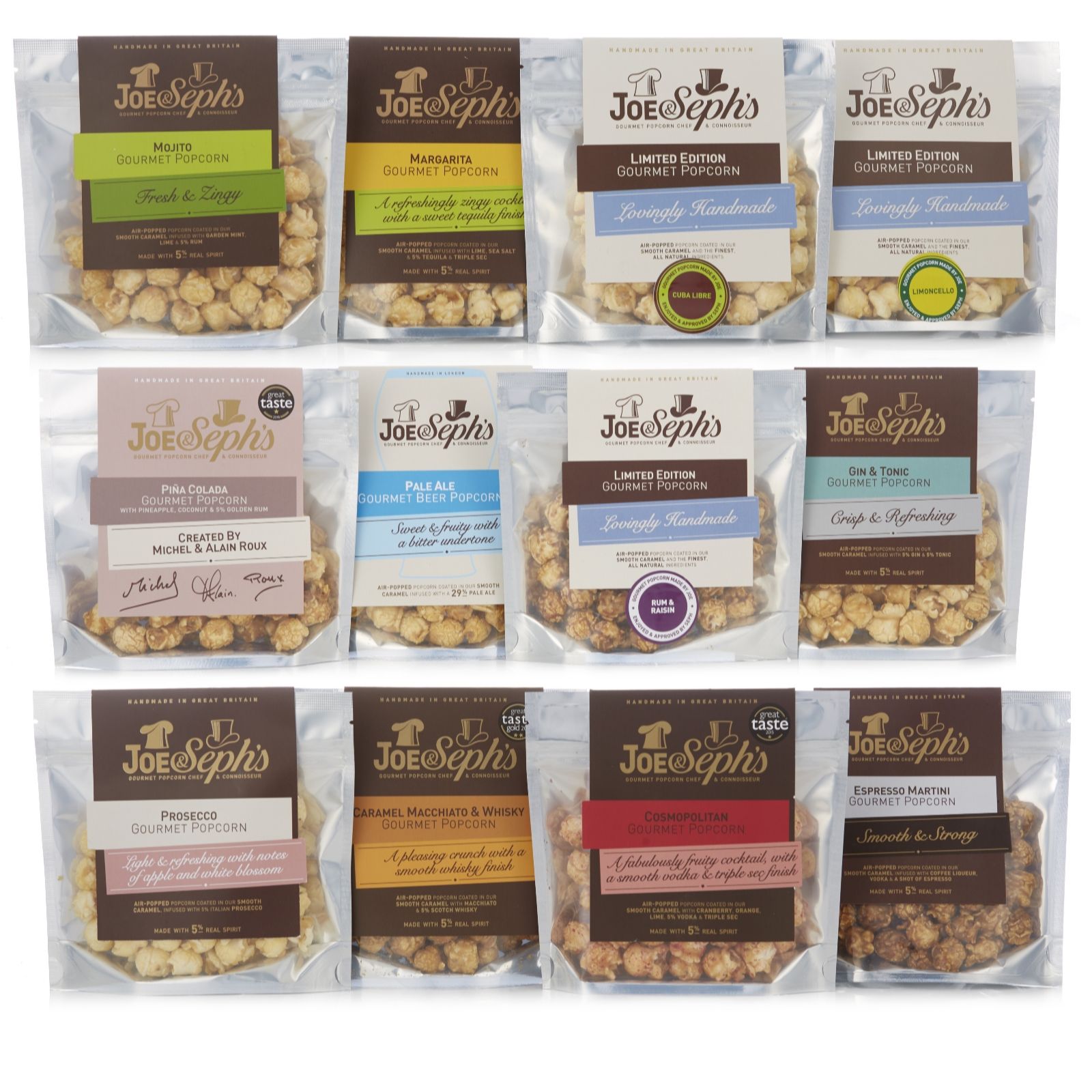 Joe & Seph's Set of 12 Tipsy Gourmet Popcorn Snack Bags QVC UK