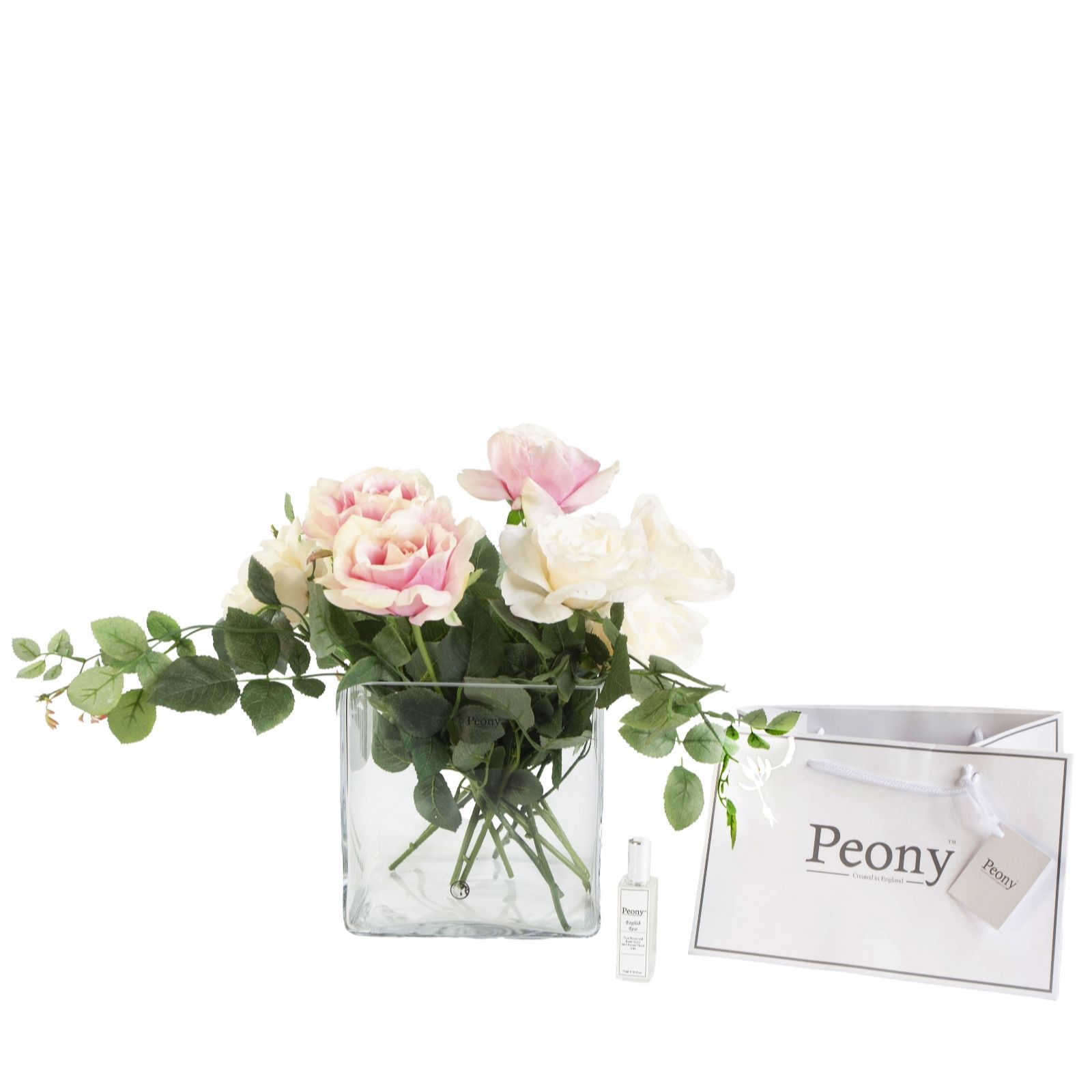 Peony Real Touch Roses In Glass Cube with Gift Bag & 25ml Rose Fragrance