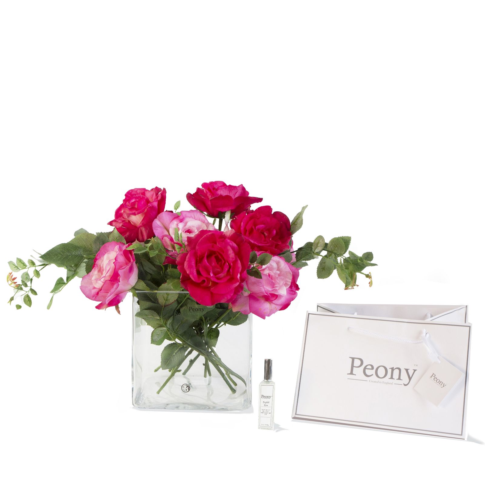Peony Real Touch Roses In Glass Cube with Gift Bag & 25ml Rose Fragrance