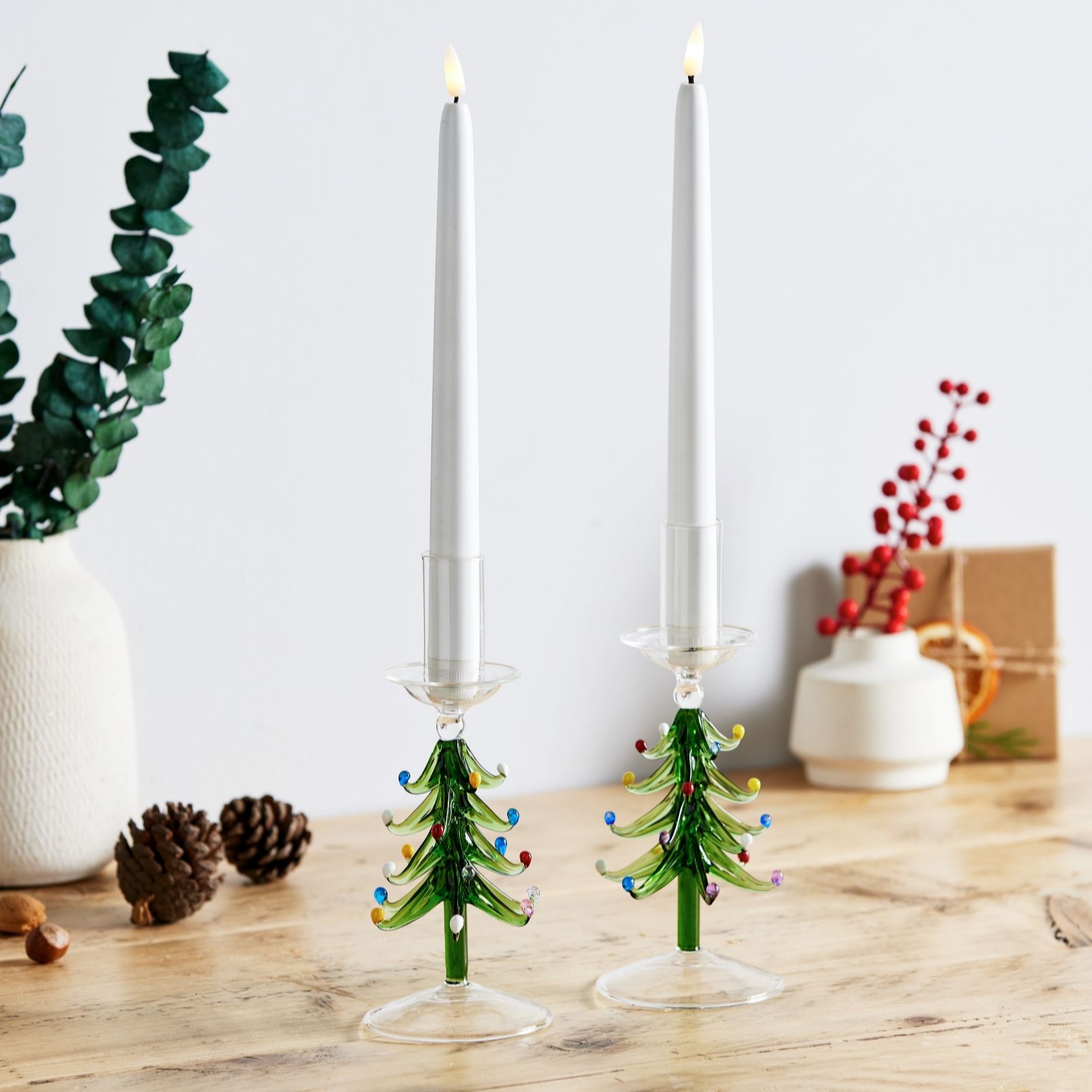 Home Stories Set Of 2 Tree Candle Holder w/Faux Candle & Gift Box