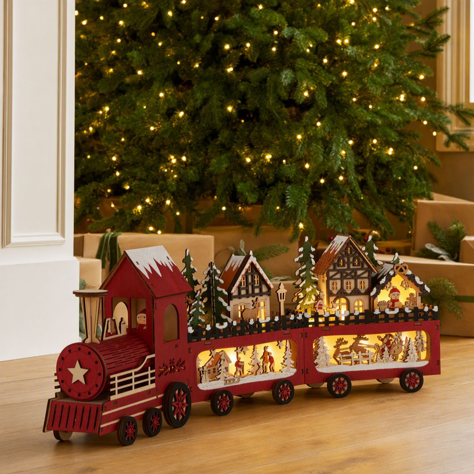 Festive 56cm Pre Lit Wooden Train Scene