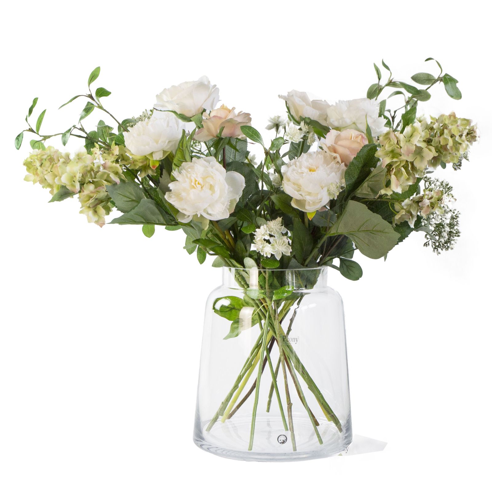 Peony Real Touch Roses, Cone Hydrangeas & Foliage In a Large Vase