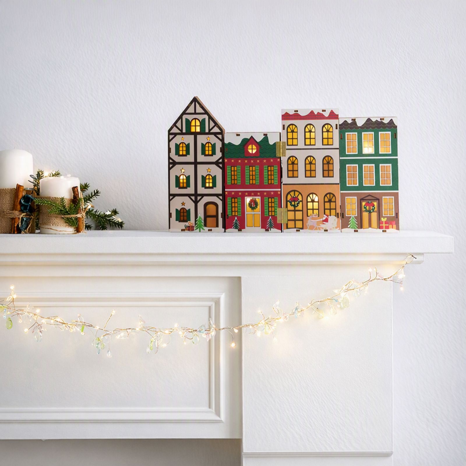 Festive 37cm Pre Lit Wooden House Scene