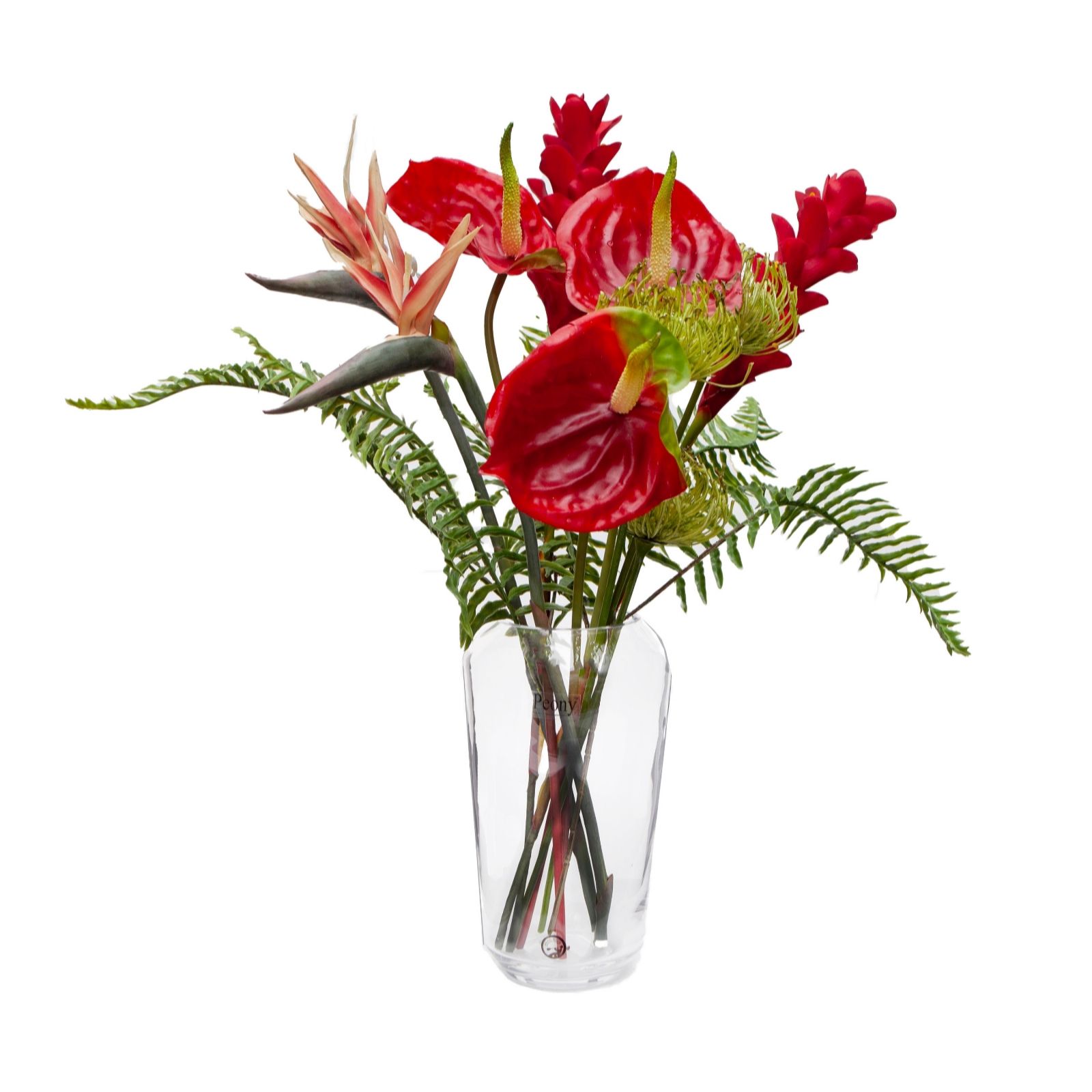 Peony Tropical Arrangement in an Angled Neck Vase