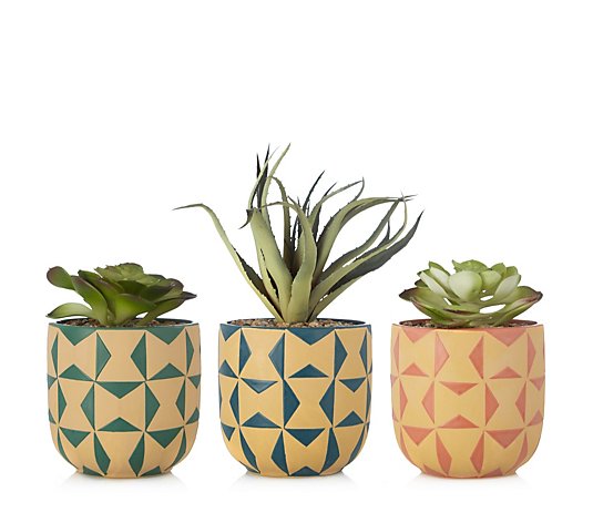 My Home Stories Set of 3 Faux Succulents in Ceramic Mosaic Pots