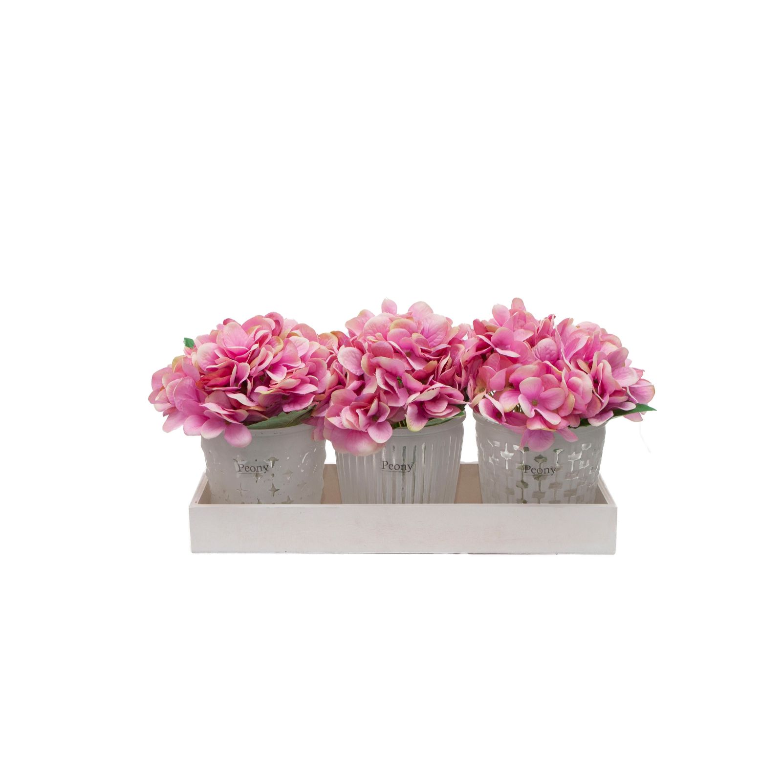 Peony Set of 3 Hydrangeas set in patterned Vases in a Wooden Tray