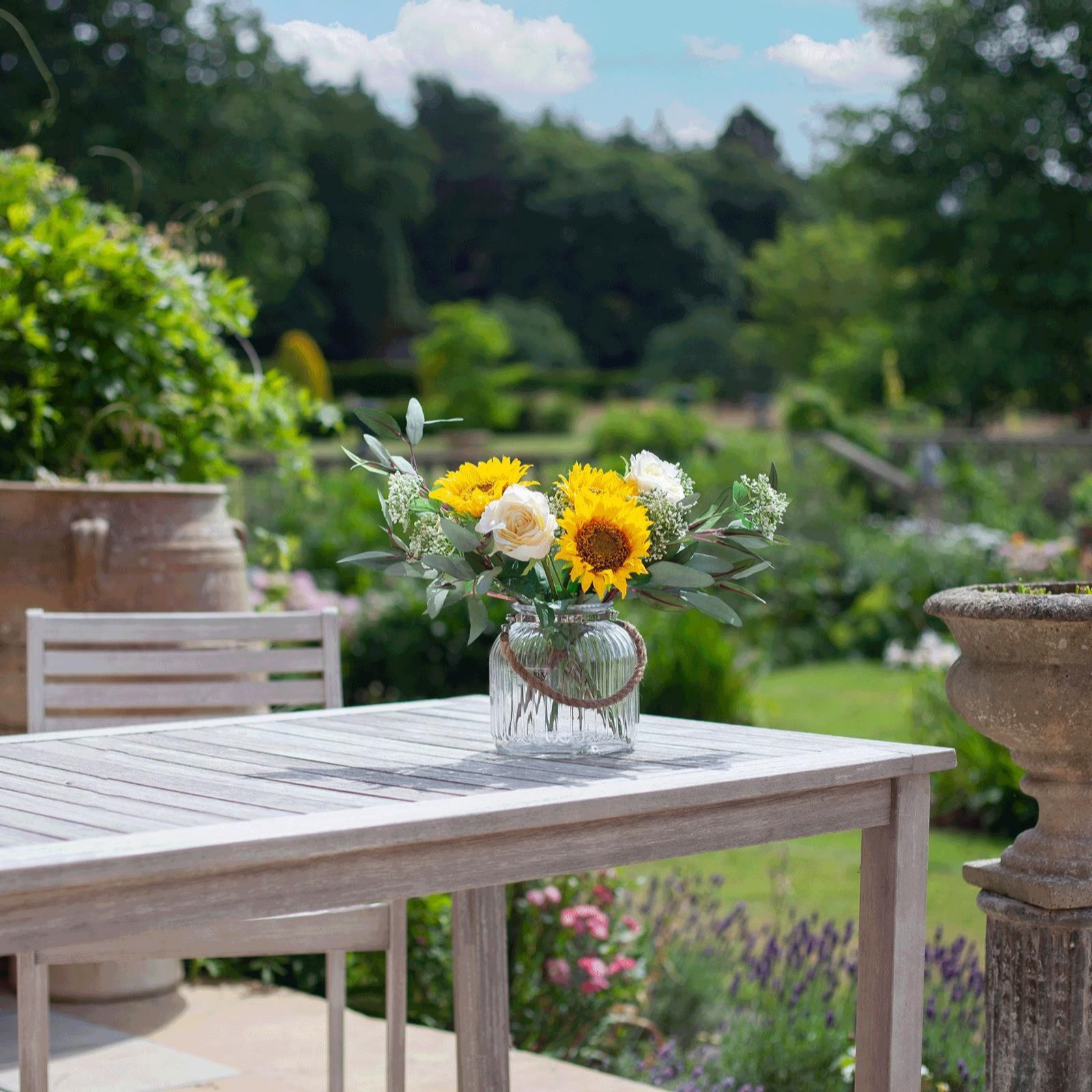 Peony Sunflowers Roses And Foliage In A Medium Rope Lantern Vase Qvc Uk