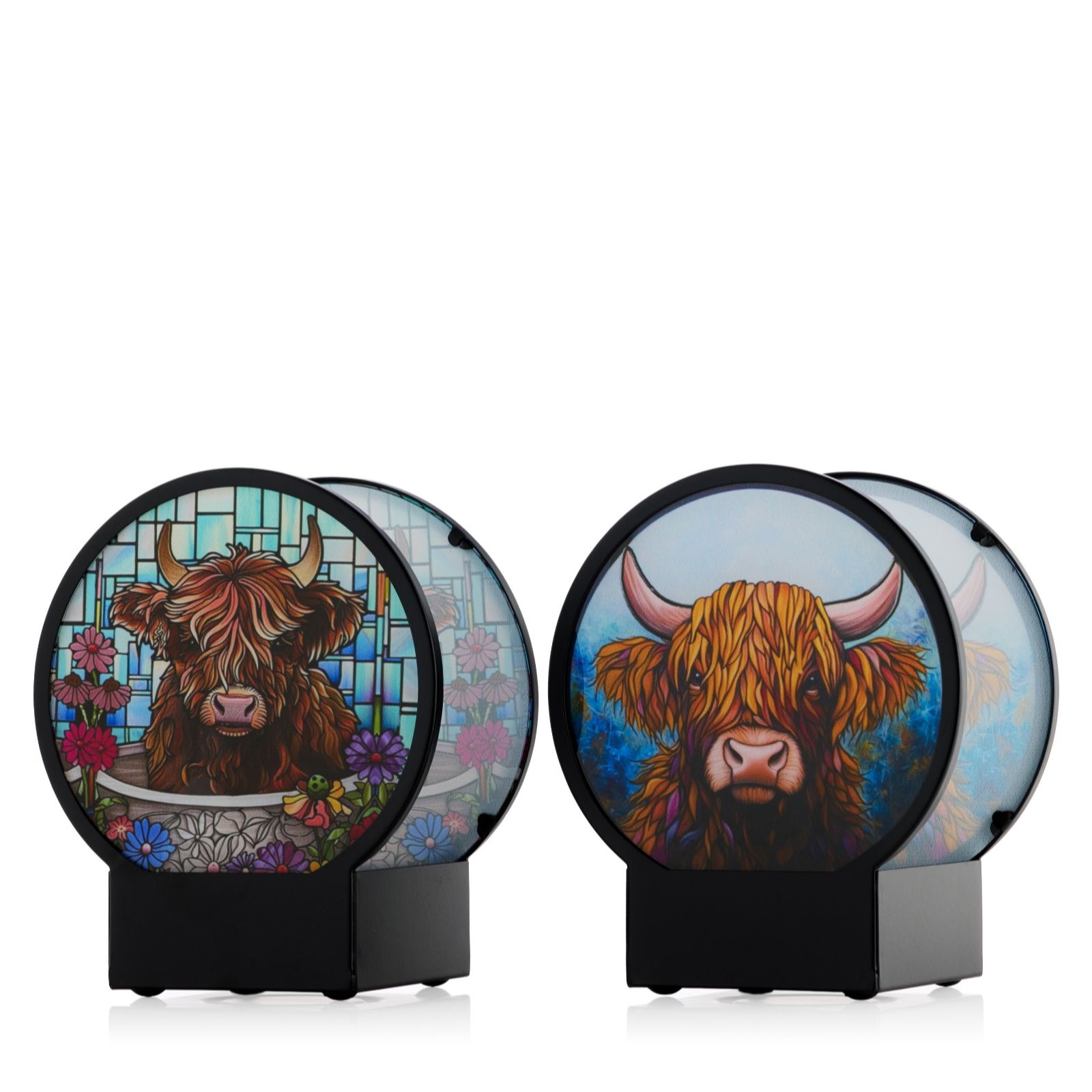 Cello Set of 2 Round Highland Cow Tealight Holders with Tealights