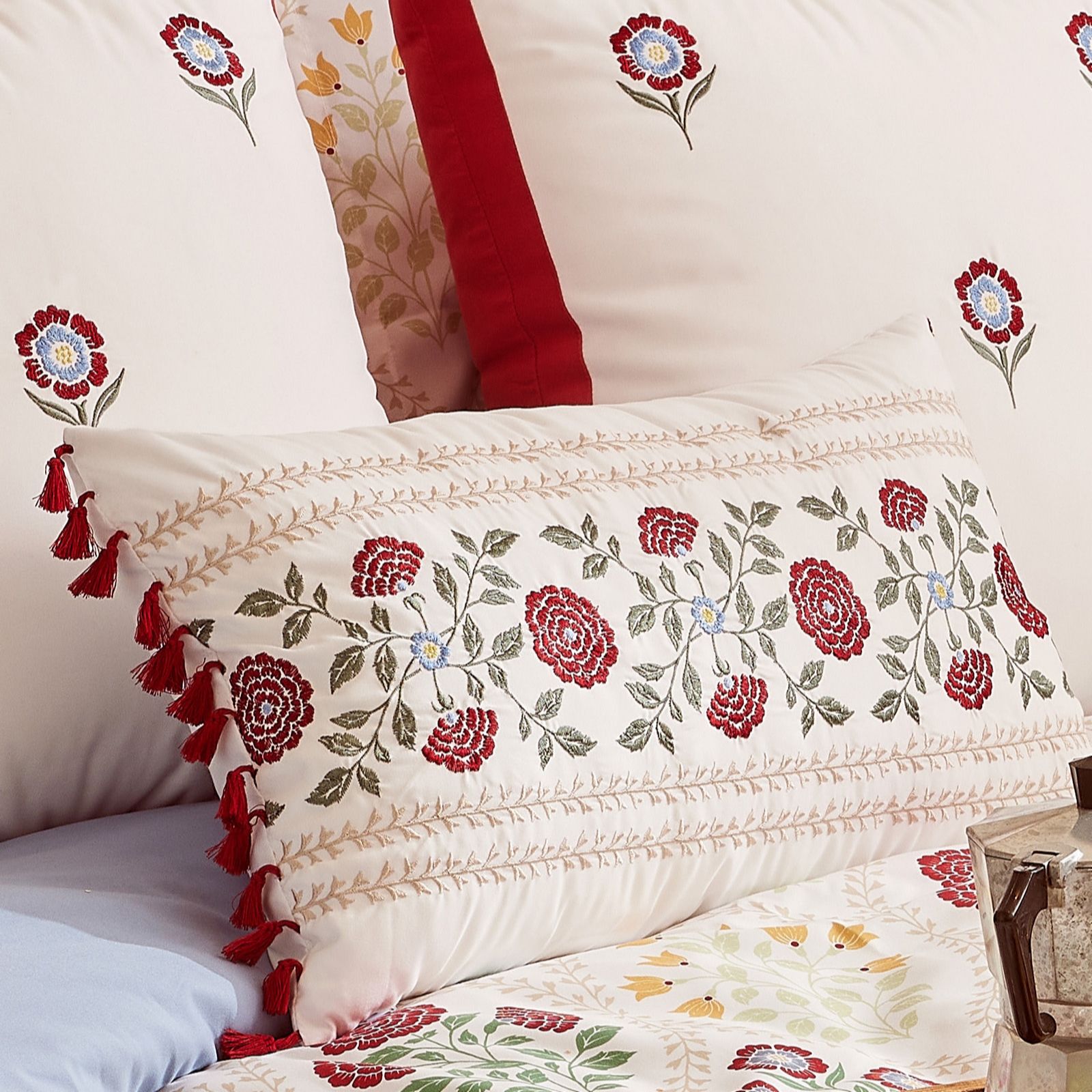 Cozee Home Filled Floral Embroidery Cushion with Tassels
