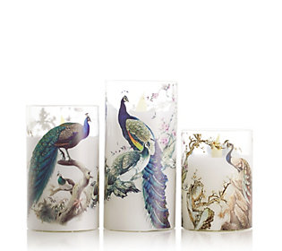 Alison Cork Set of 3 Glass Printed Peacock LED Candles