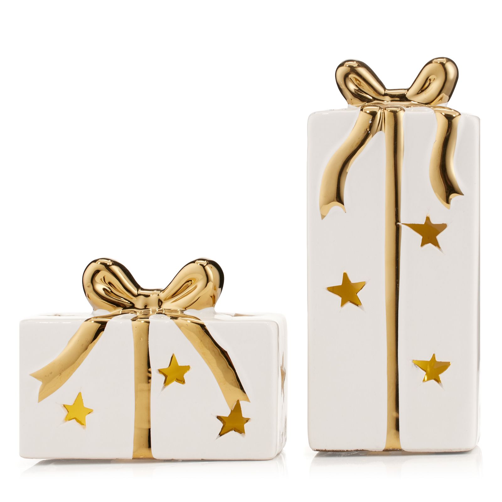 Home Stories Set of 2 Pre Lit White Ceramic Gold Bow Present Decor