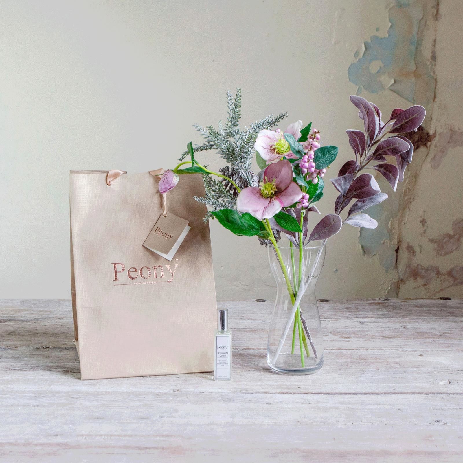 Peony Hellebores, Pine Berries & Foliage In a Vase with Gift