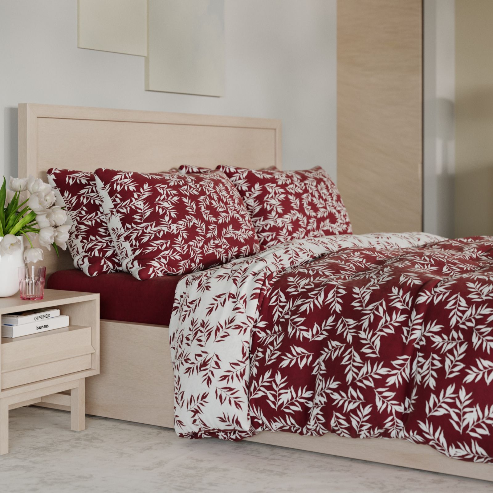 Cozee Home Velvetsoft Reversible Printed Leaf 4 Piece Duvet Set