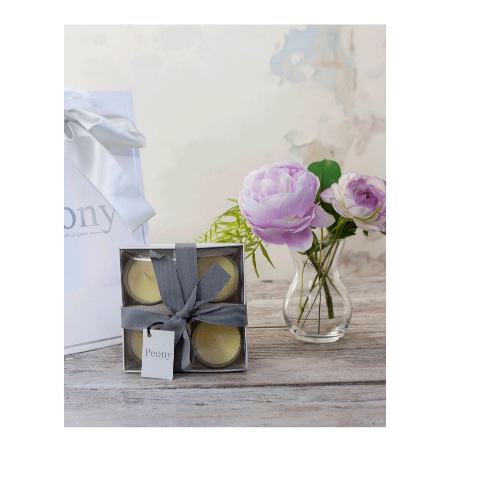 Outlet Peony Roses, Ranucula & Foliage Hourglass Vase w/ 4 Candles