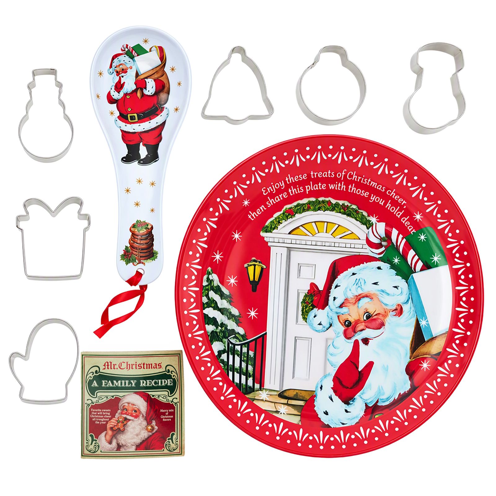 Mr Christmas 12 inch Plate With 6 Cookie Cutters, Spoon And Recipe Gift Set