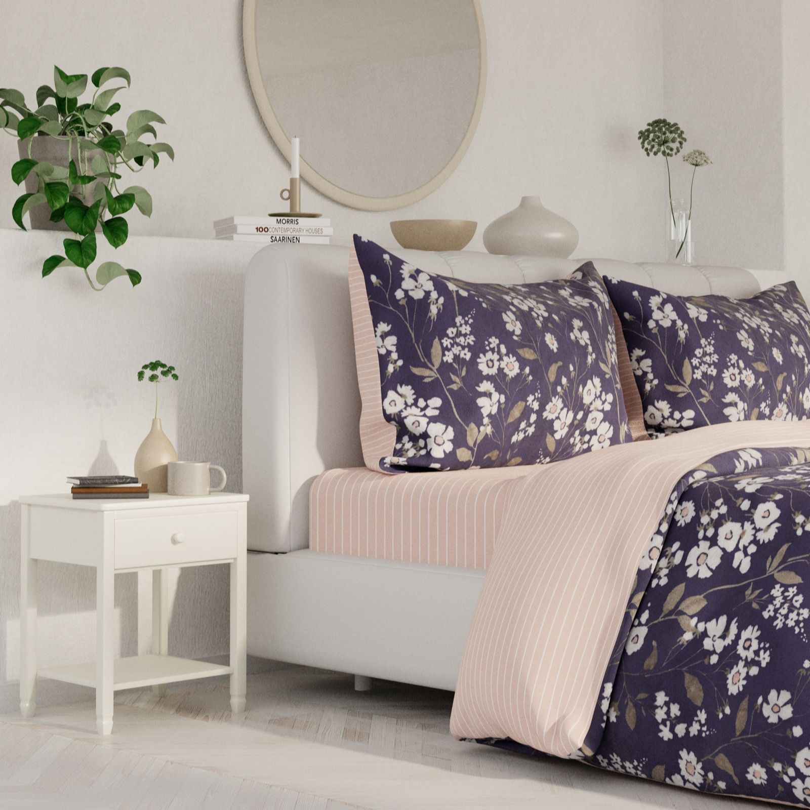 Cozee Home Velvetsoft Reversible Floral Stripe 4 Piece Duvet Set