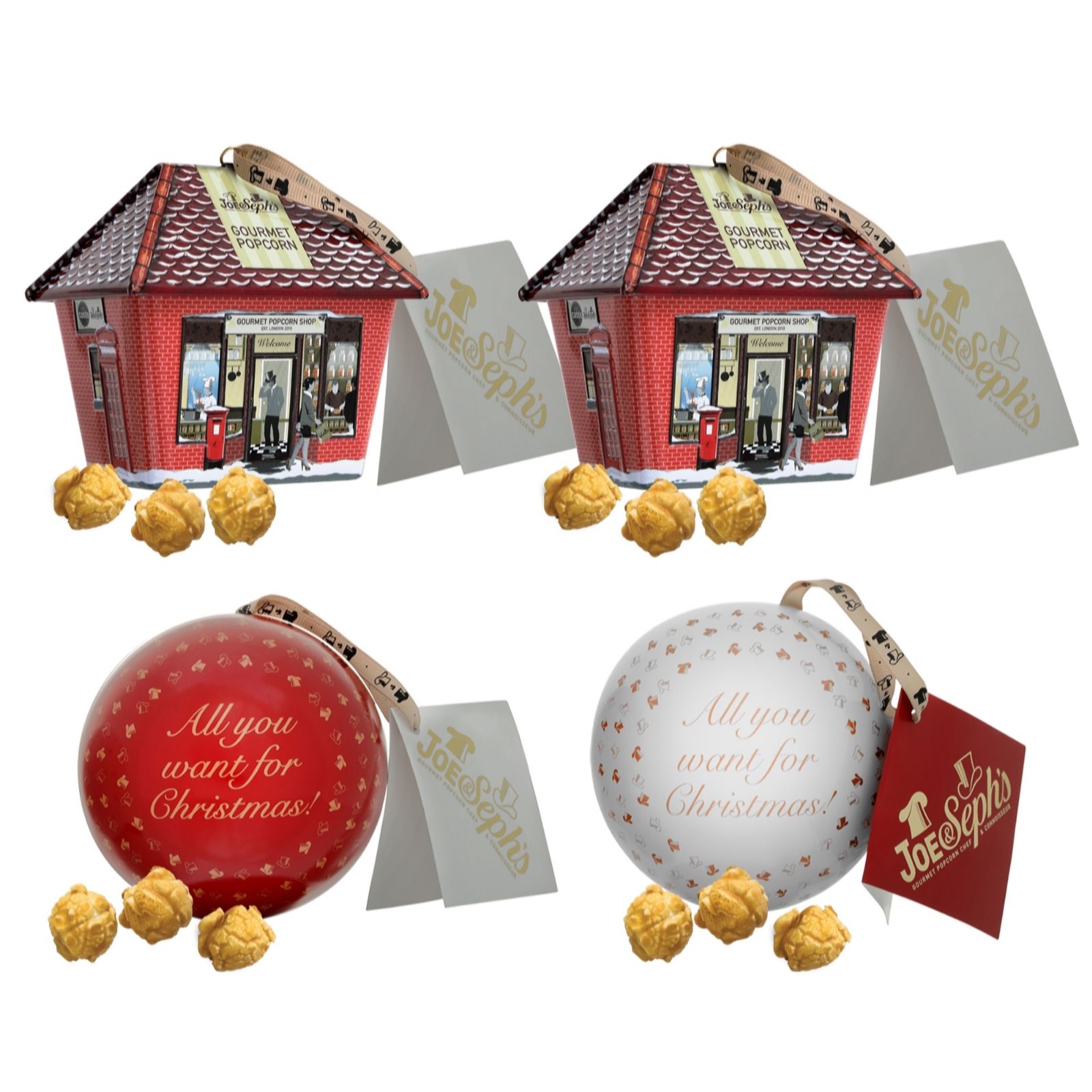 Joe & Seph's Set of Four Popcorn-Filled Shop Tin Baubles