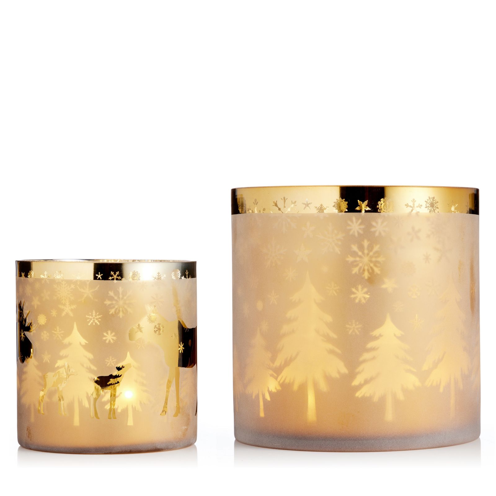 Home Reflections Set Of 2 Frosted Glass Hurricane With LED Light Strands