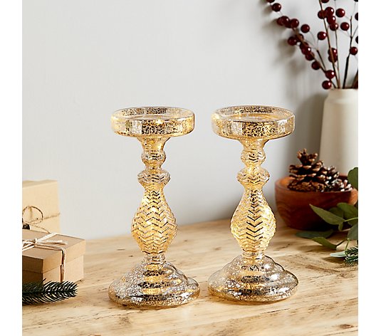 Alison Cork Pre-Lit Set of 2 Mercury Glass Candle Holders