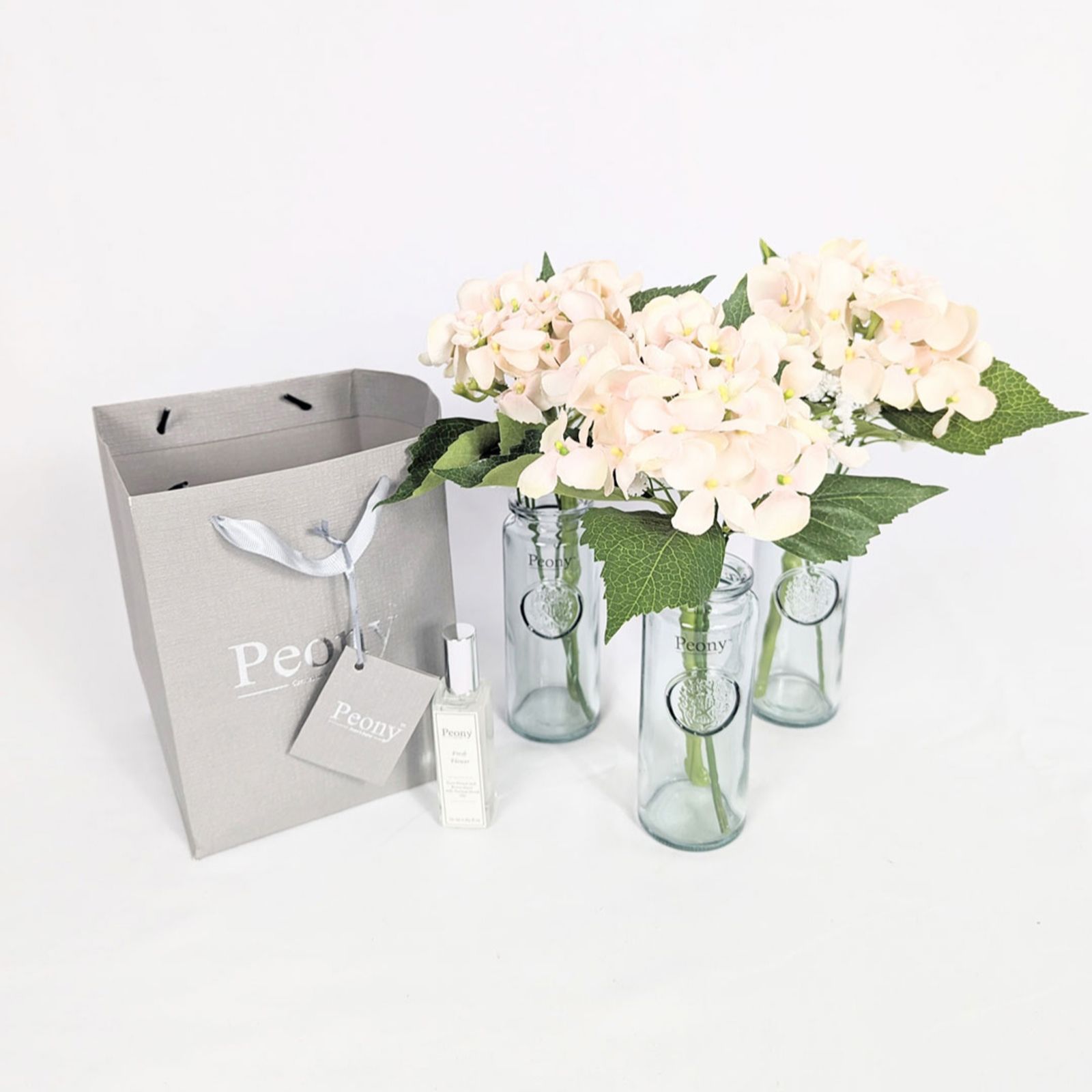 Peony Hydrangea and Gypsophilia in a Ruckley Crest